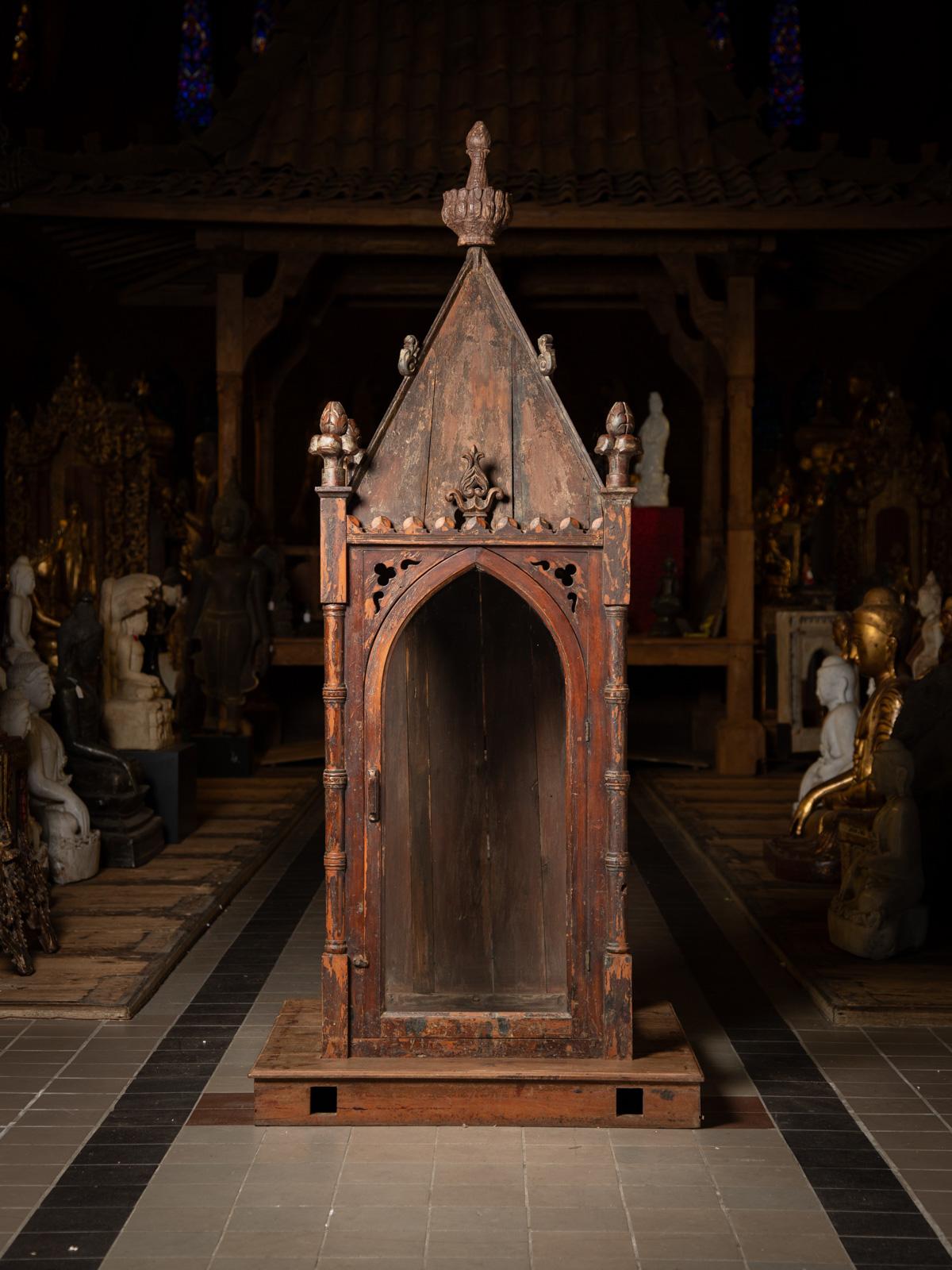 This large antique Indian wooden temple is a rare and striking piece of 19th-century religious craftsmanship, likely used as a Christian temple in ceremonial processions. 

Measuring an impressive 190 cm high, 84 cm wide, and 83 cm deep, it is