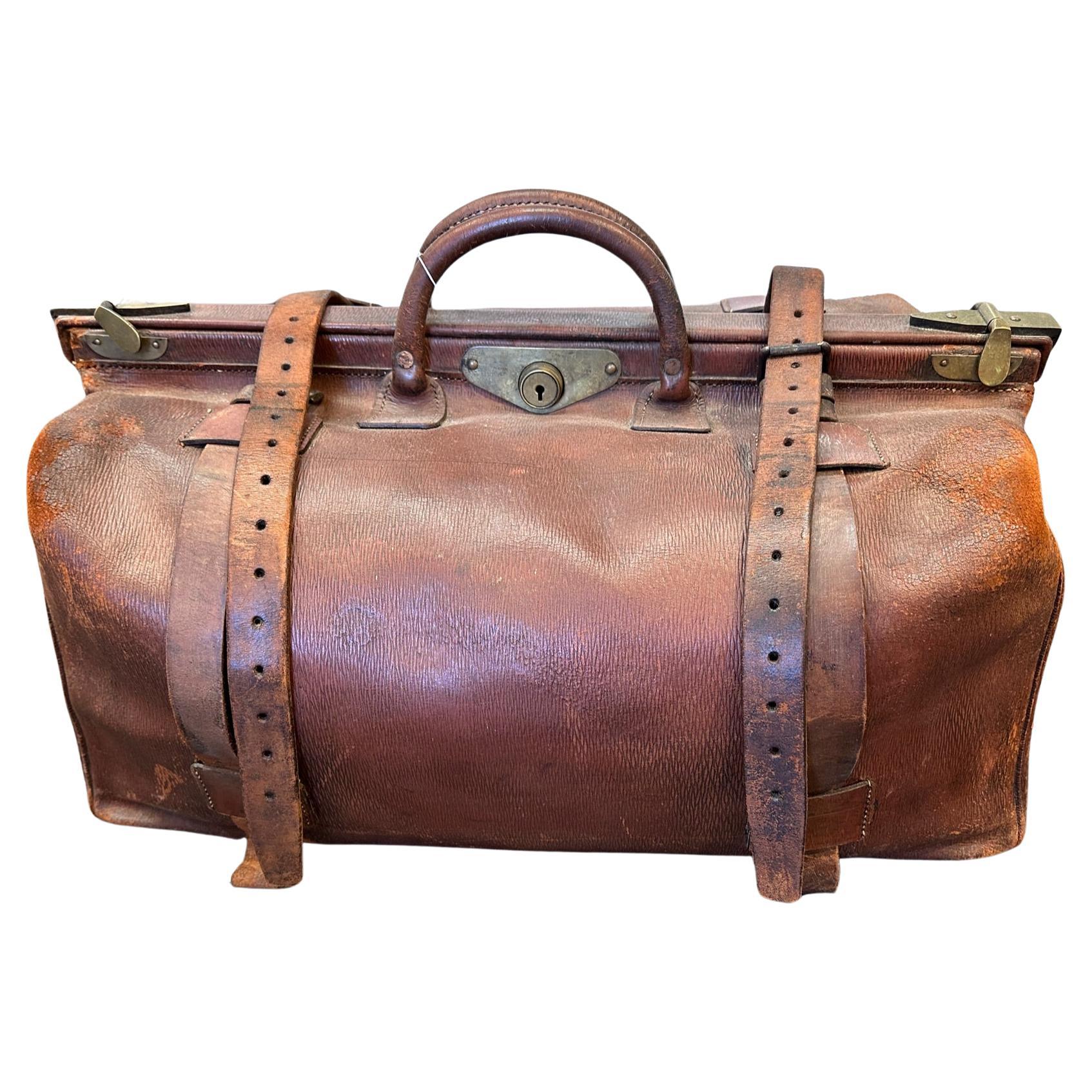 19th Century Large Antique Leather Traveling Luggage with Brass Accents