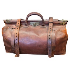19th Century Large Antique Leather Traveling Luggage with Brass Accents