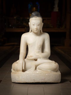 19th century Large antique marble Mandalay Buddha statue in Bhumisparsha Mudra