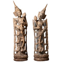 19th century Large antique pair of wooden Burmese Nat statues from Burma