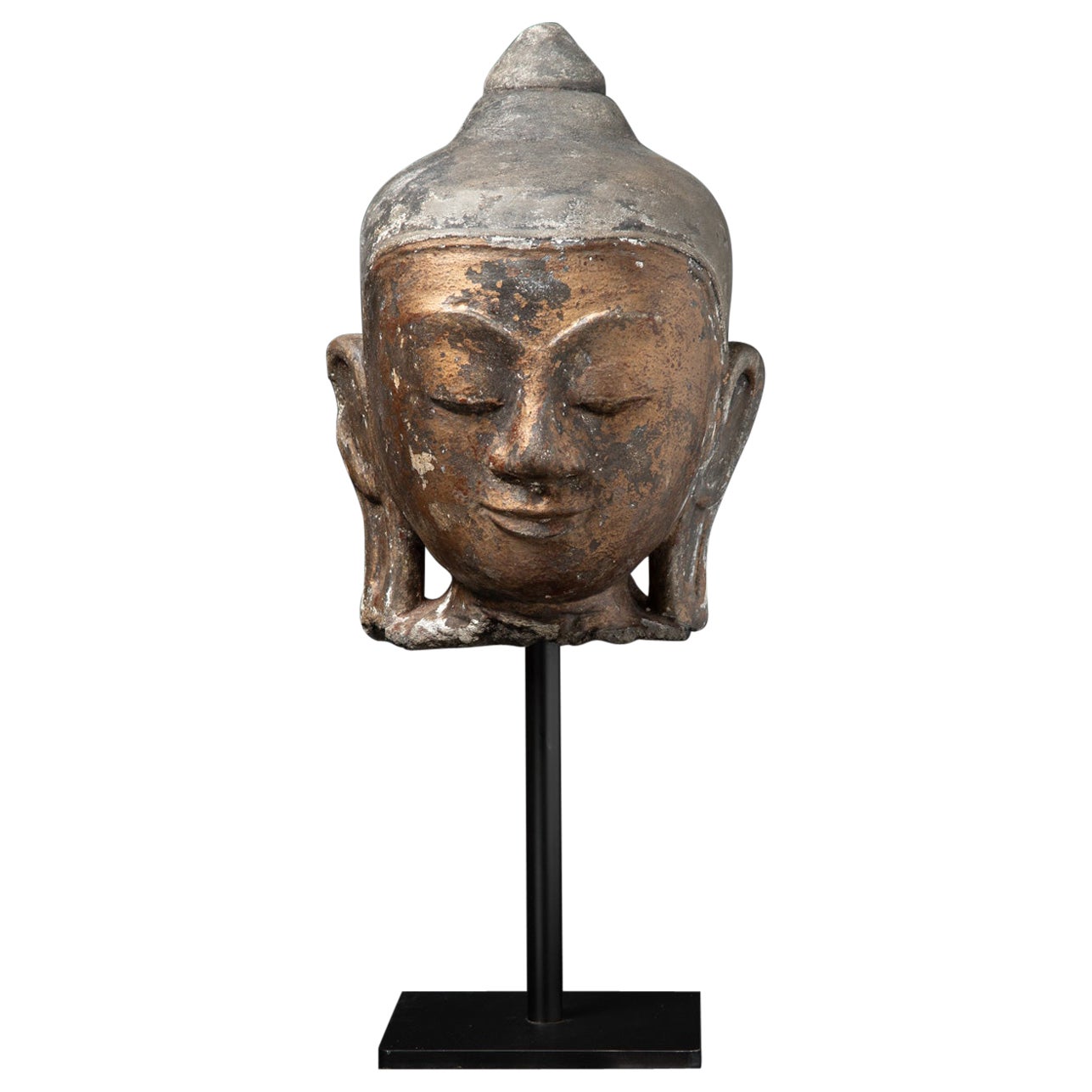 19th century Large antique Stucco Buddha head from Burma For Sale