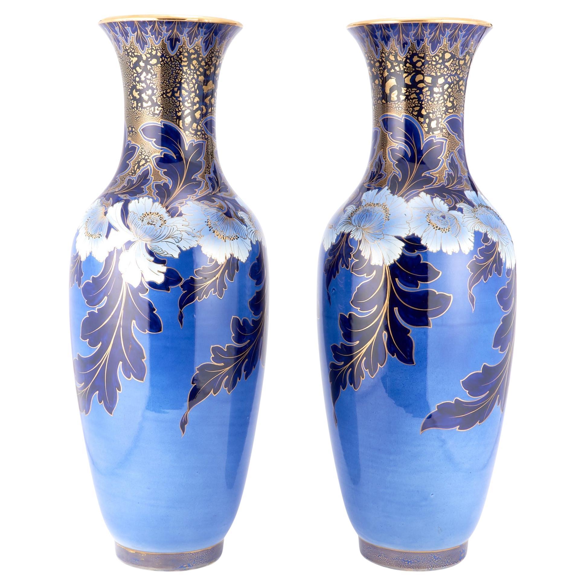 19th Century Large Art Nouveau Style Hand-Painted & Gilt Decorated Vases / Urns For Sale