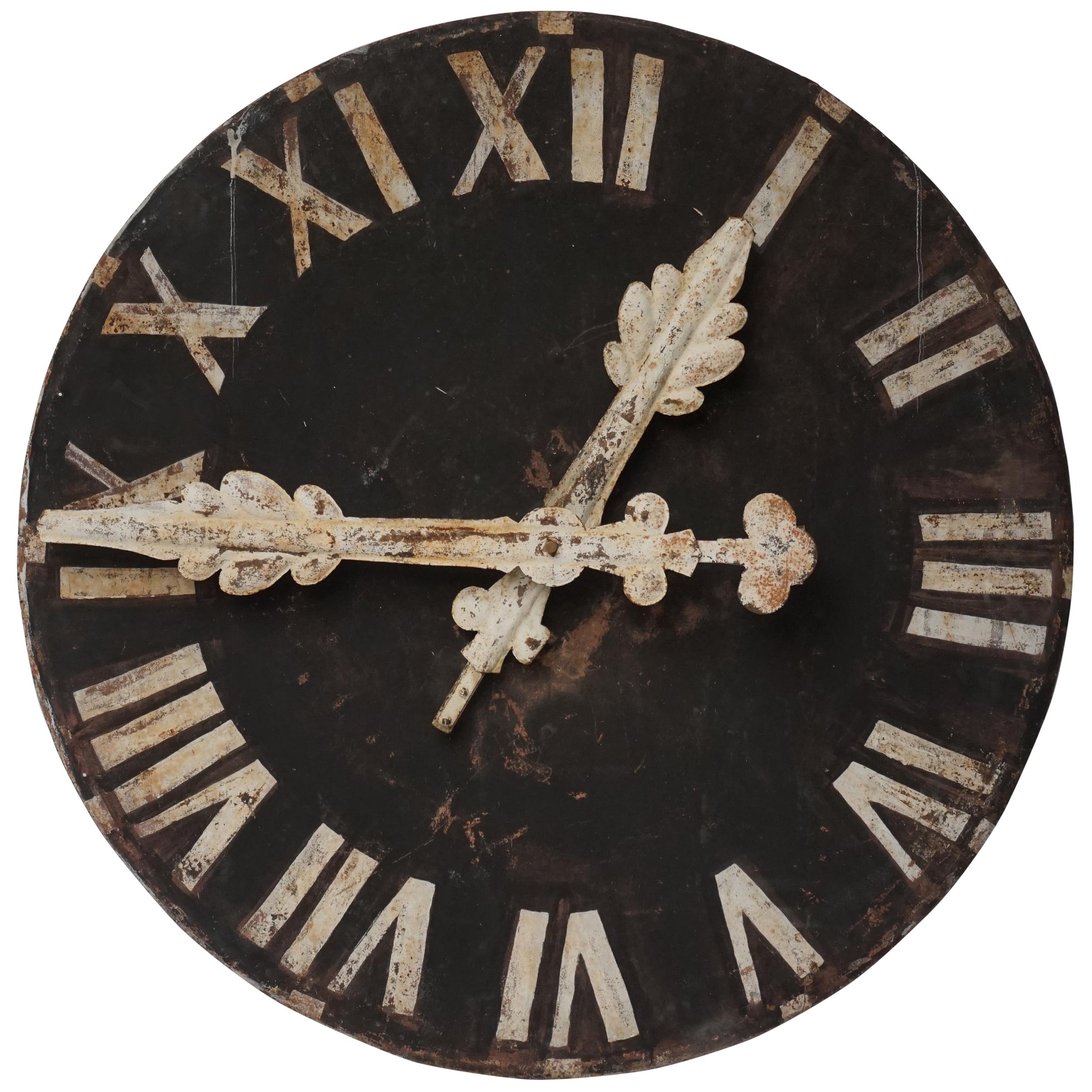 1910s Large White Enamel Steel Clock Face with Wooden Hands and Roman