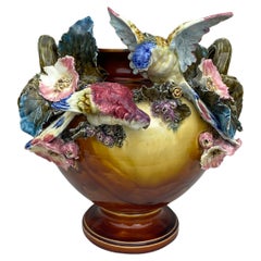 19th Century Large Austrian Parrots & Flowers Cache Pot