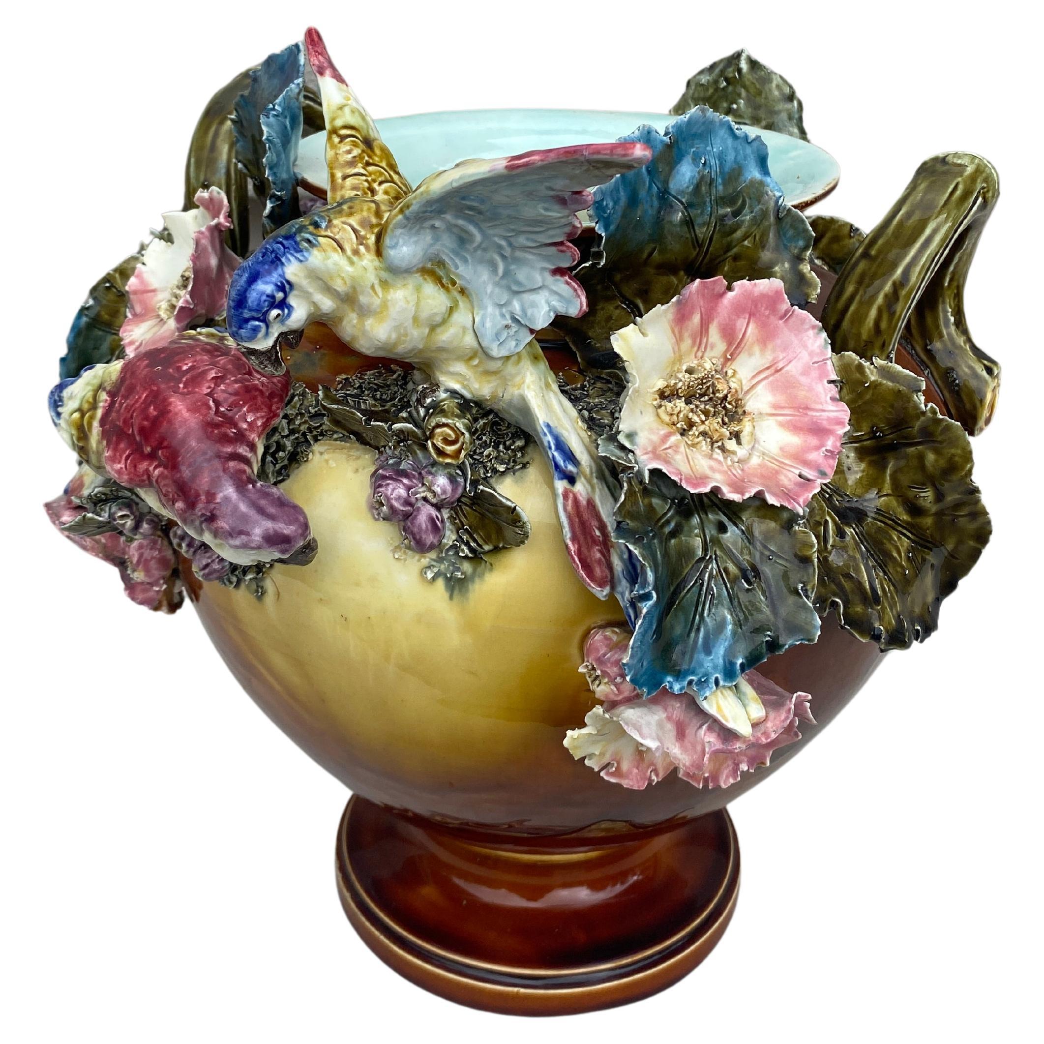 Art Nouveau 19th Century Large Austrian Parrots & Flowers Cache Pot For Sale