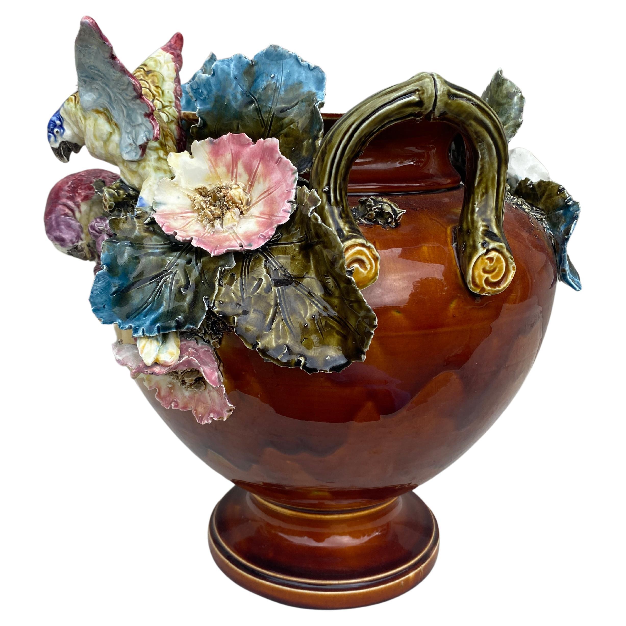 19th Century Large Austrian Parrots & Flowers Cache Pot In Good Condition For Sale In Austin, TX