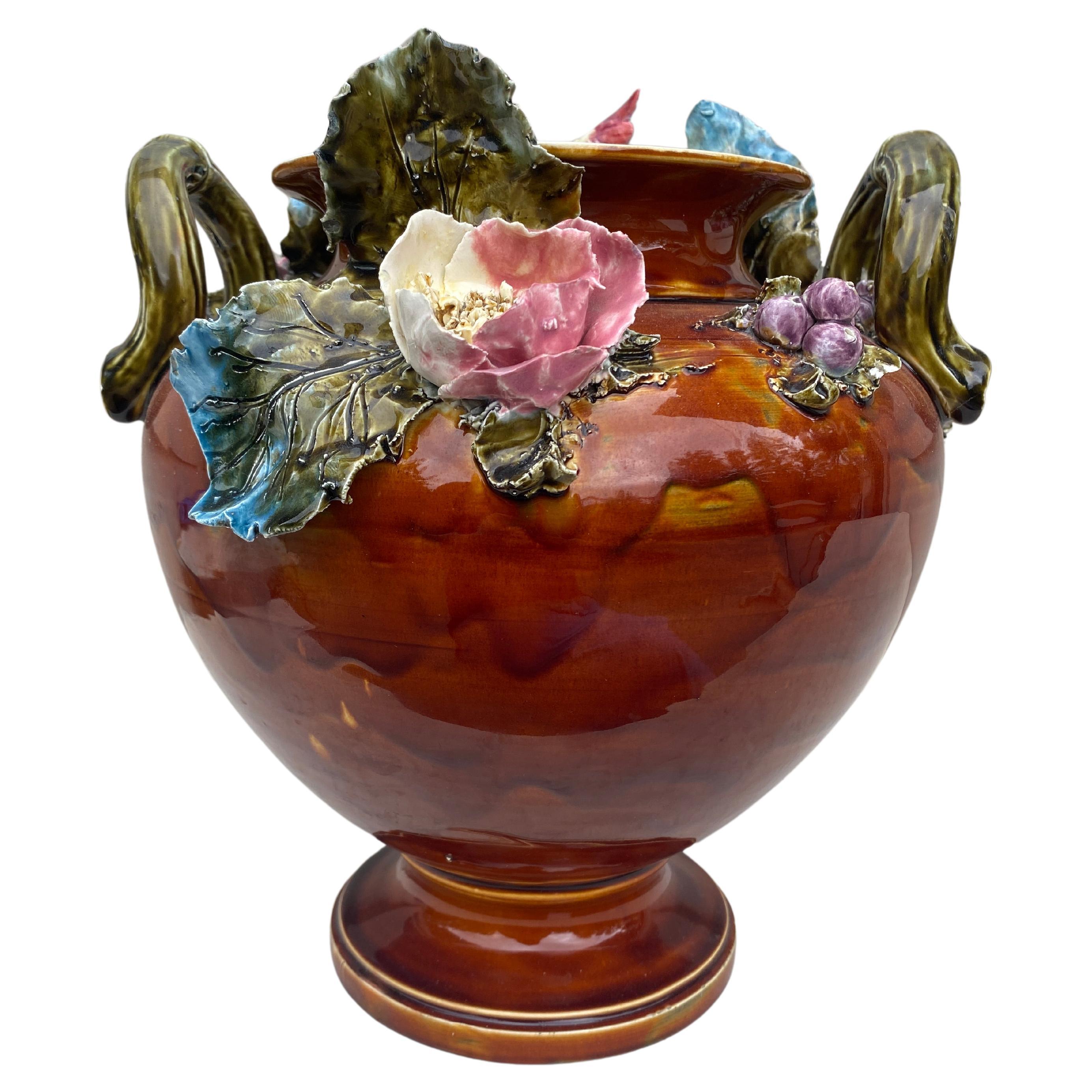 Late 19th Century 19th Century Large Austrian Parrots & Flowers Cache Pot For Sale