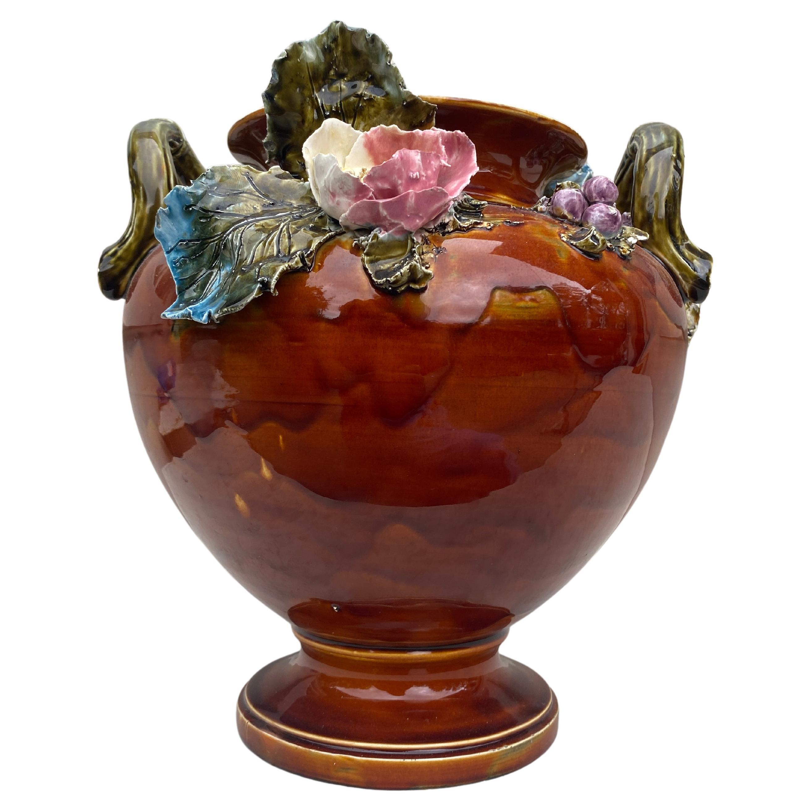 Ceramic 19th Century Large Austrian Parrots & Flowers Cache Pot For Sale