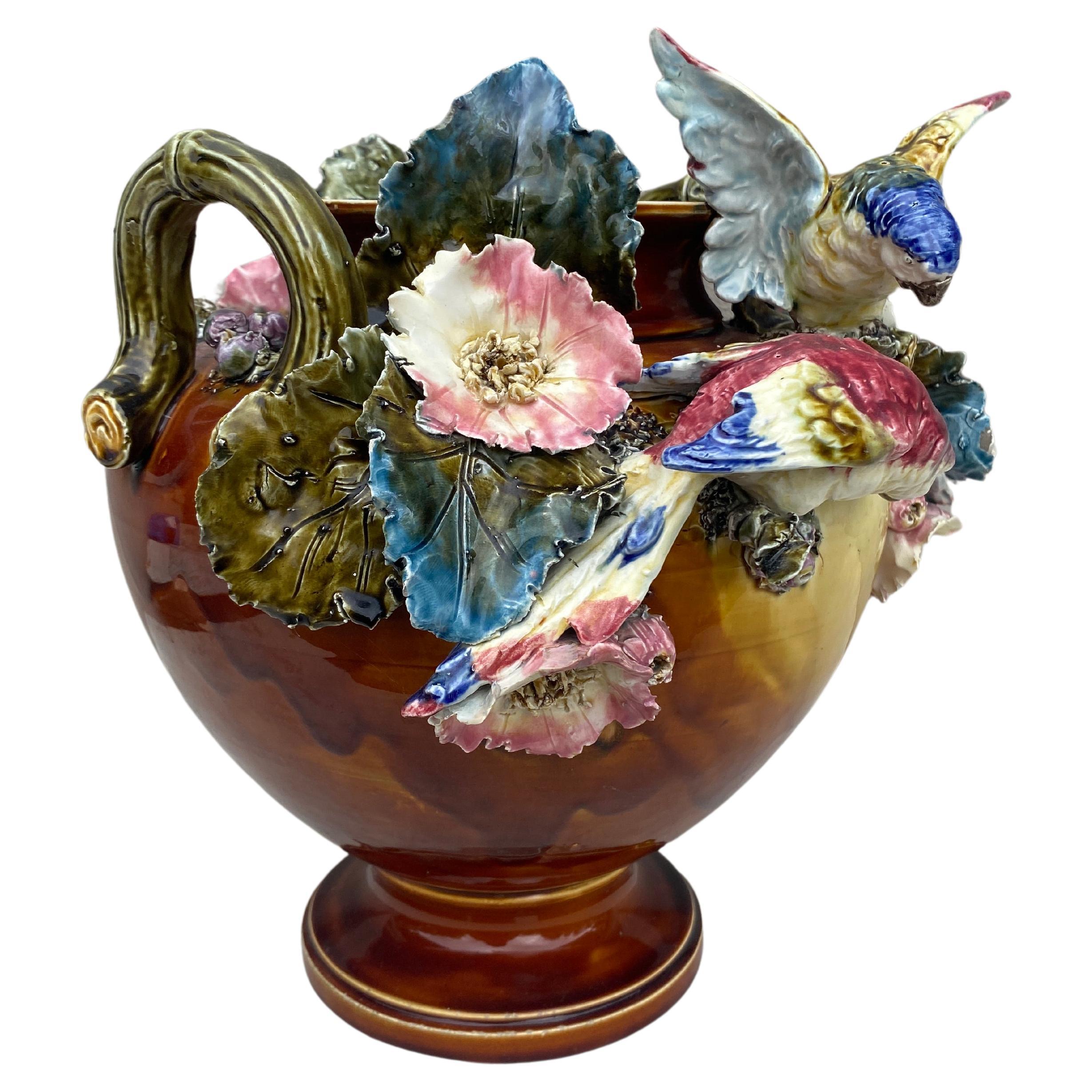 19th Century Large Austrian Parrots & Flowers Cache Pot For Sale 2