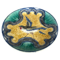 Grande assiette à oiseaux en majolique belge du 19ème siècle Wasmuel