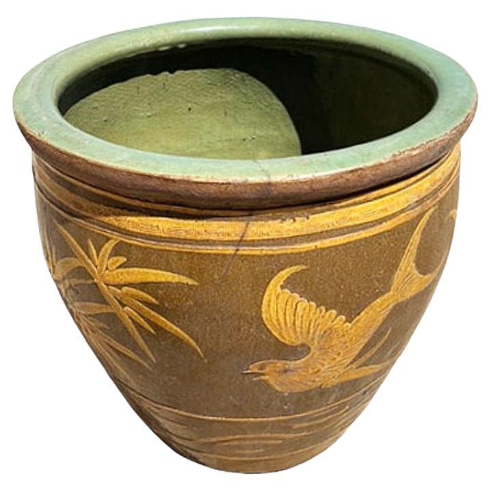 19th Century Large Bird 
Bamboo Art Pottery Chinese Egg Pot Jardinière Planter For Sale