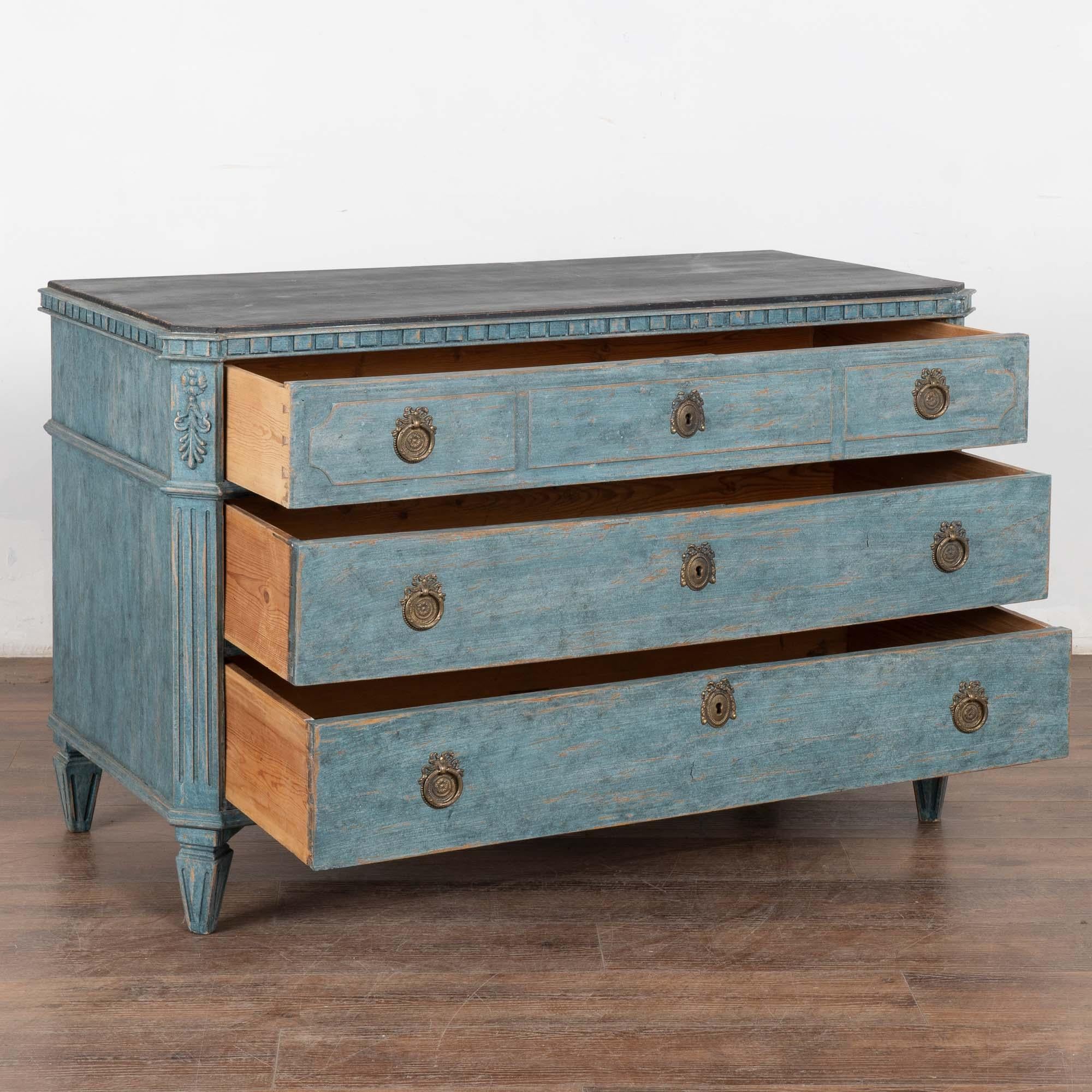 Swedish 19th Century Large Blue Painted Gustavian Chest of Three Drawers, Sweden