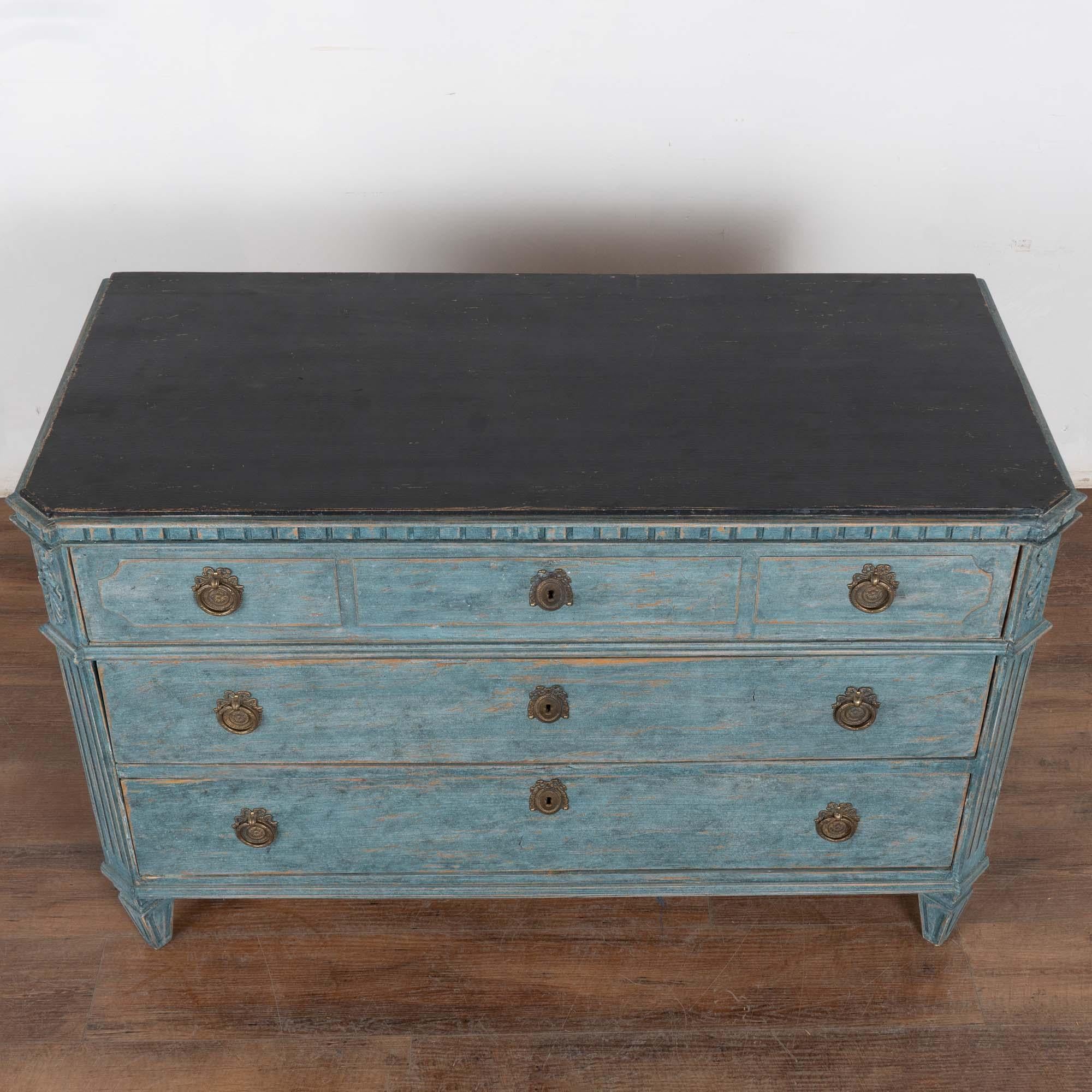Brass 19th Century Large Blue Painted Gustavian Chest of Three Drawers, Sweden