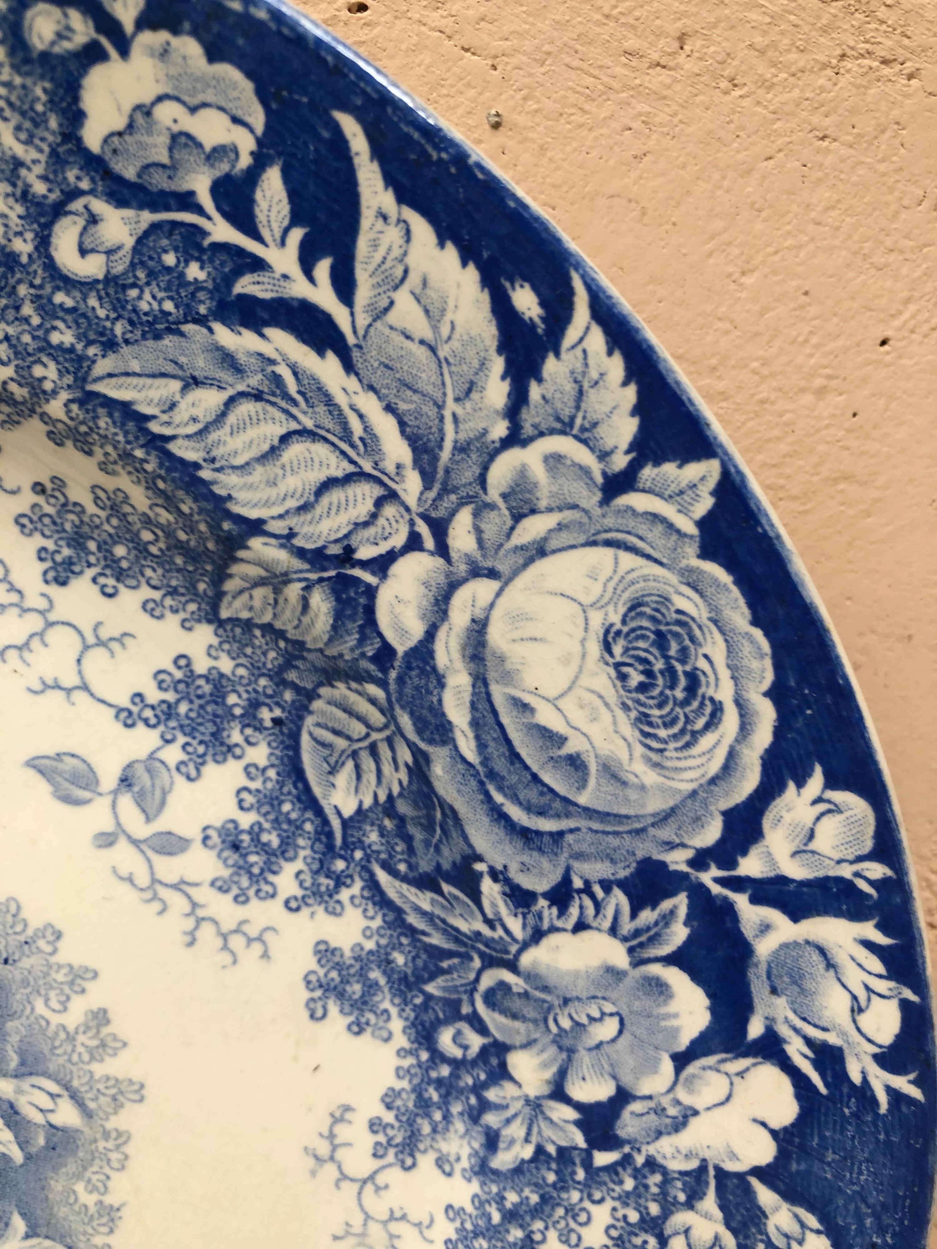 Rustic 19th Century Large Blue & White Platter Jardiniere Sarreguemines For Sale