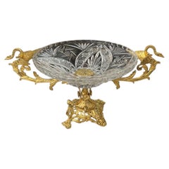 Antique 19th Century Large Bowl in Cut Crystal and Gilt Bronze with Swan Ornaments