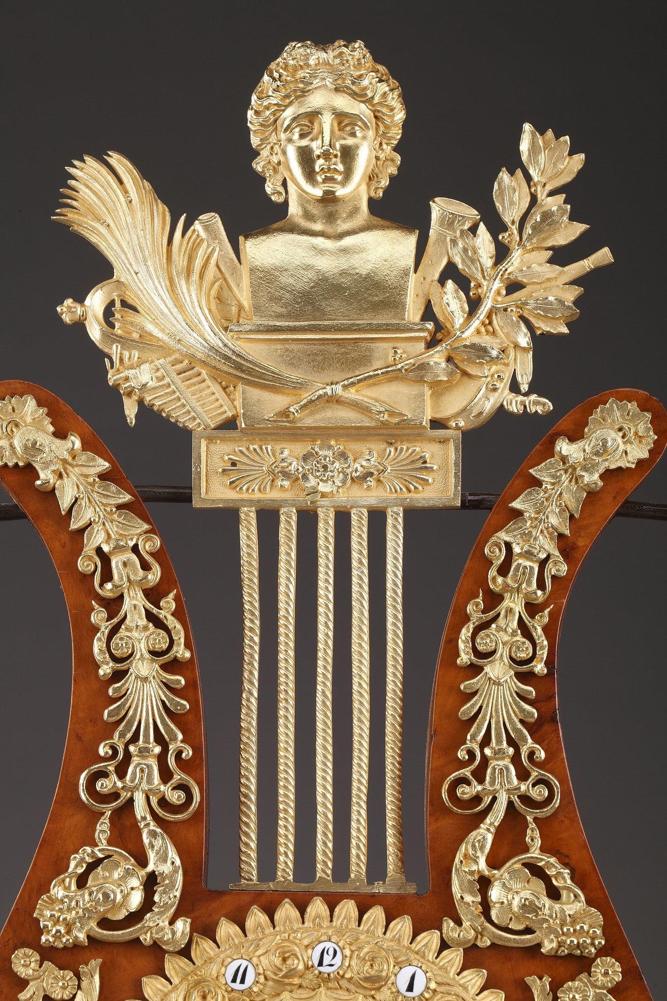 19th Century Large Burr Elm and Ormolu Lyre Clock 4