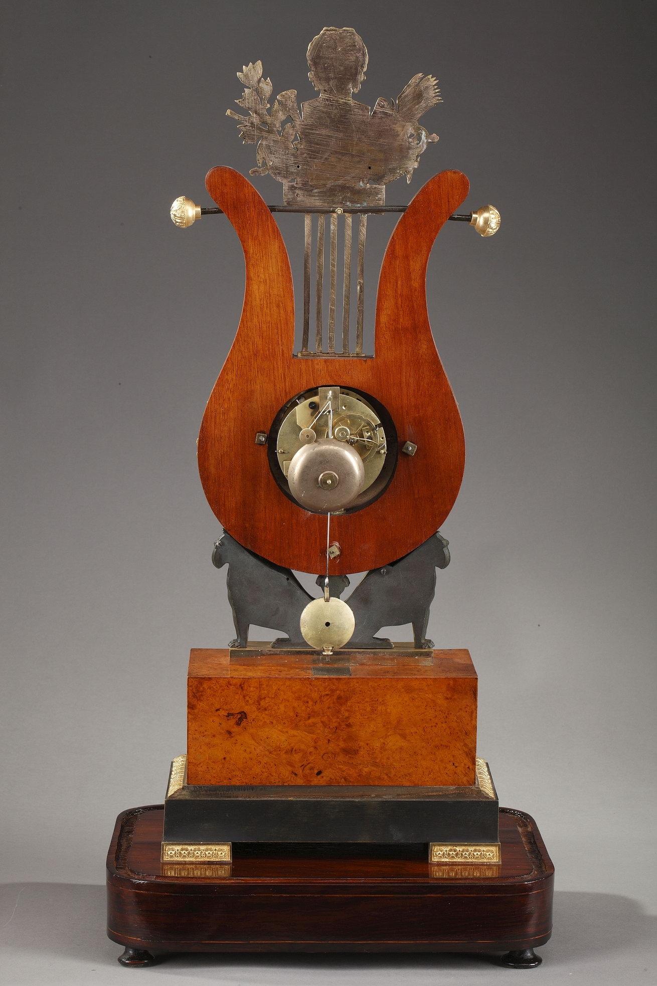 19th Century Large Burr Elm and Ormolu Lyre Clock 5