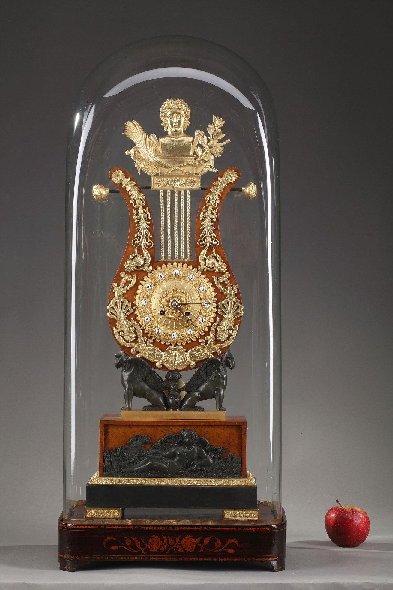 19th Century Large Burr Elm and Ormolu Lyre Clock 8