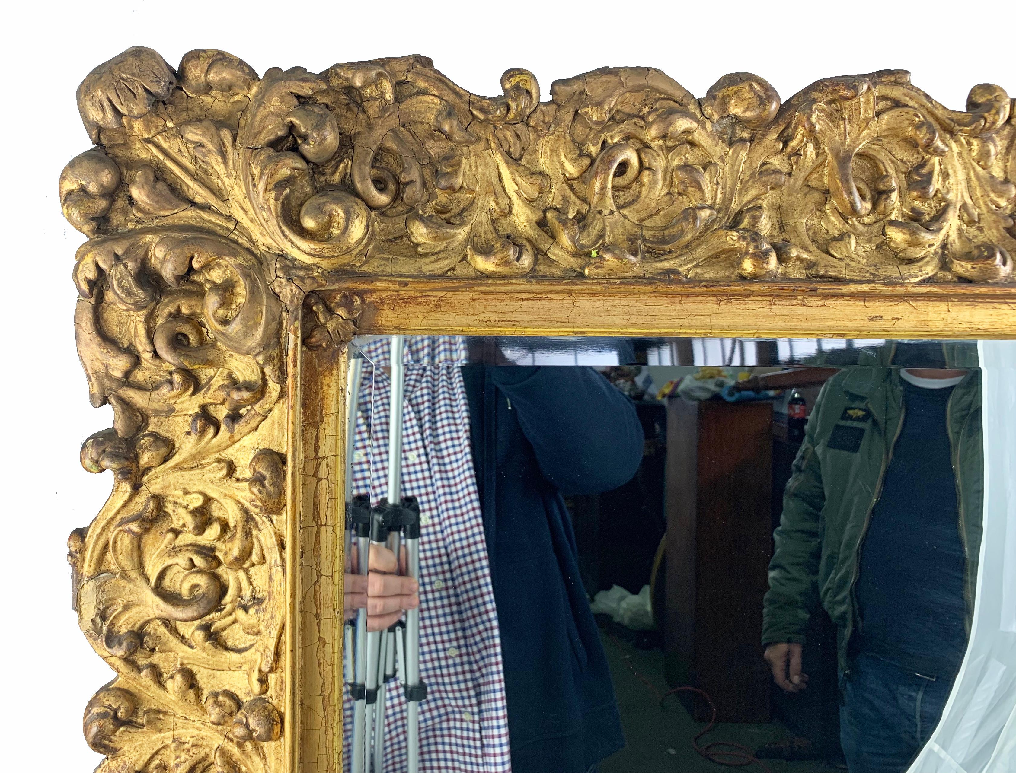 Hand-Crafted 19th Century Large Carved Gilt Wood Mirror  For Sale