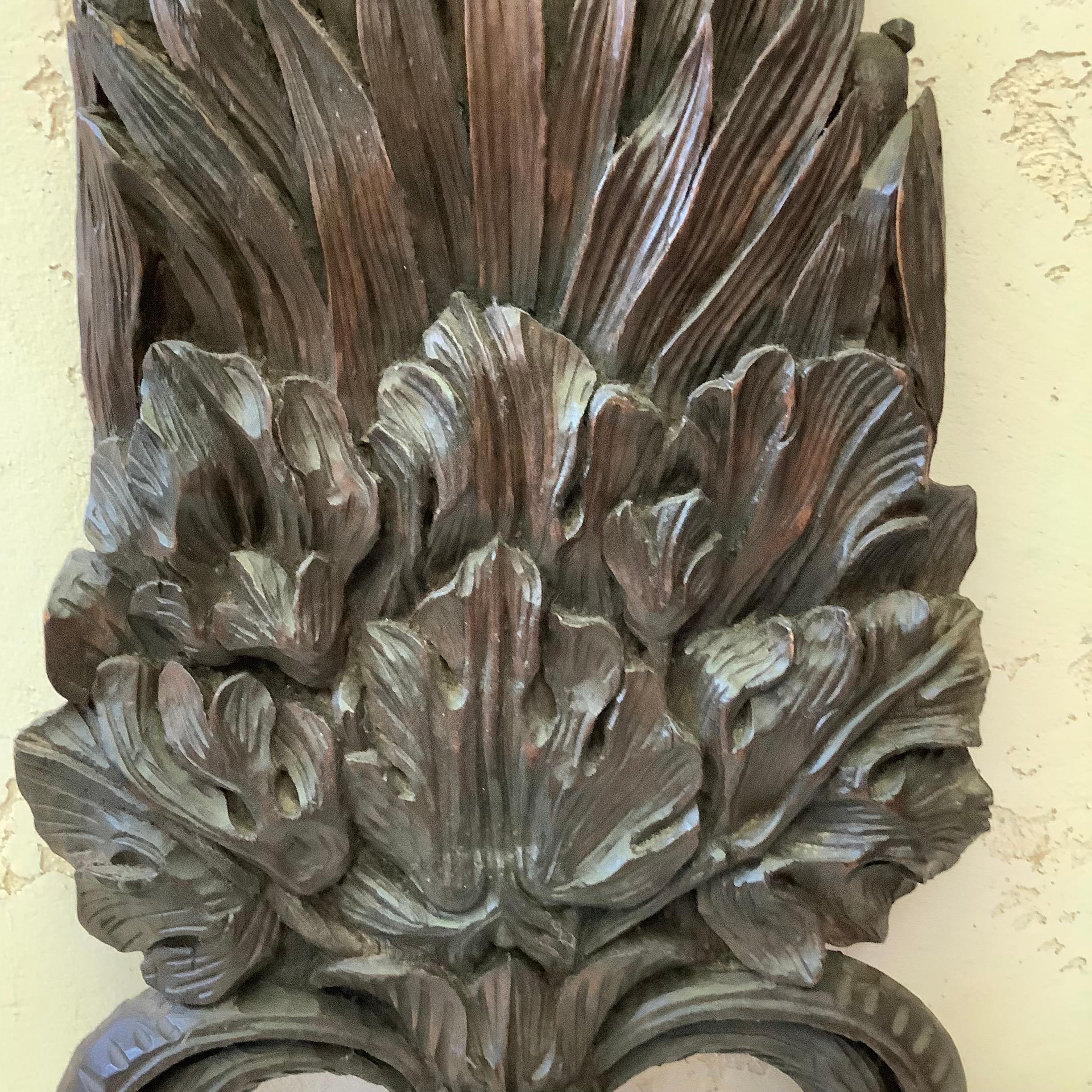 Country 19th Century Large Carved Wood Leaves & Reeds Plaque For Sale