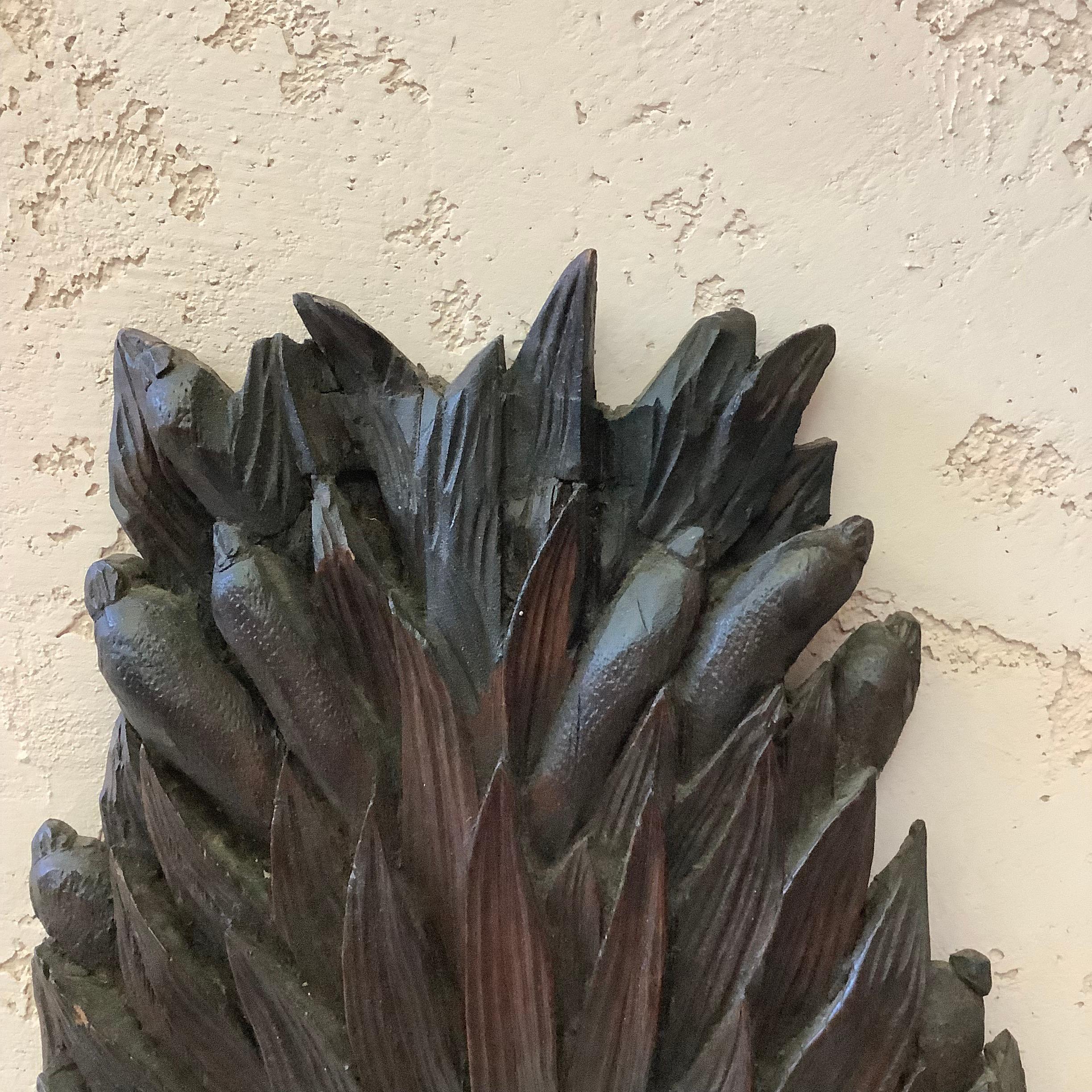 19th Century Large Carved Wood Leaves & Reeds Plaque In Good Condition For Sale In Austin, TX