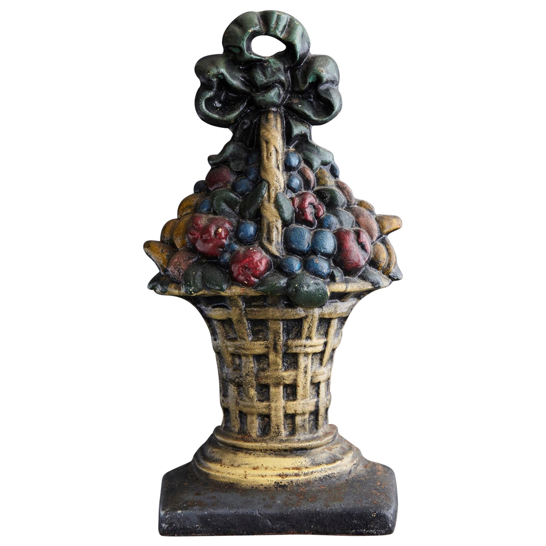 19th Century Large Cast Iron Hand Painted Polychrome Flower Basket Doorstop