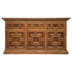 19th Century Large Catalan Spanish Baroque Carved Oak Tuscan Credenza or Buffet