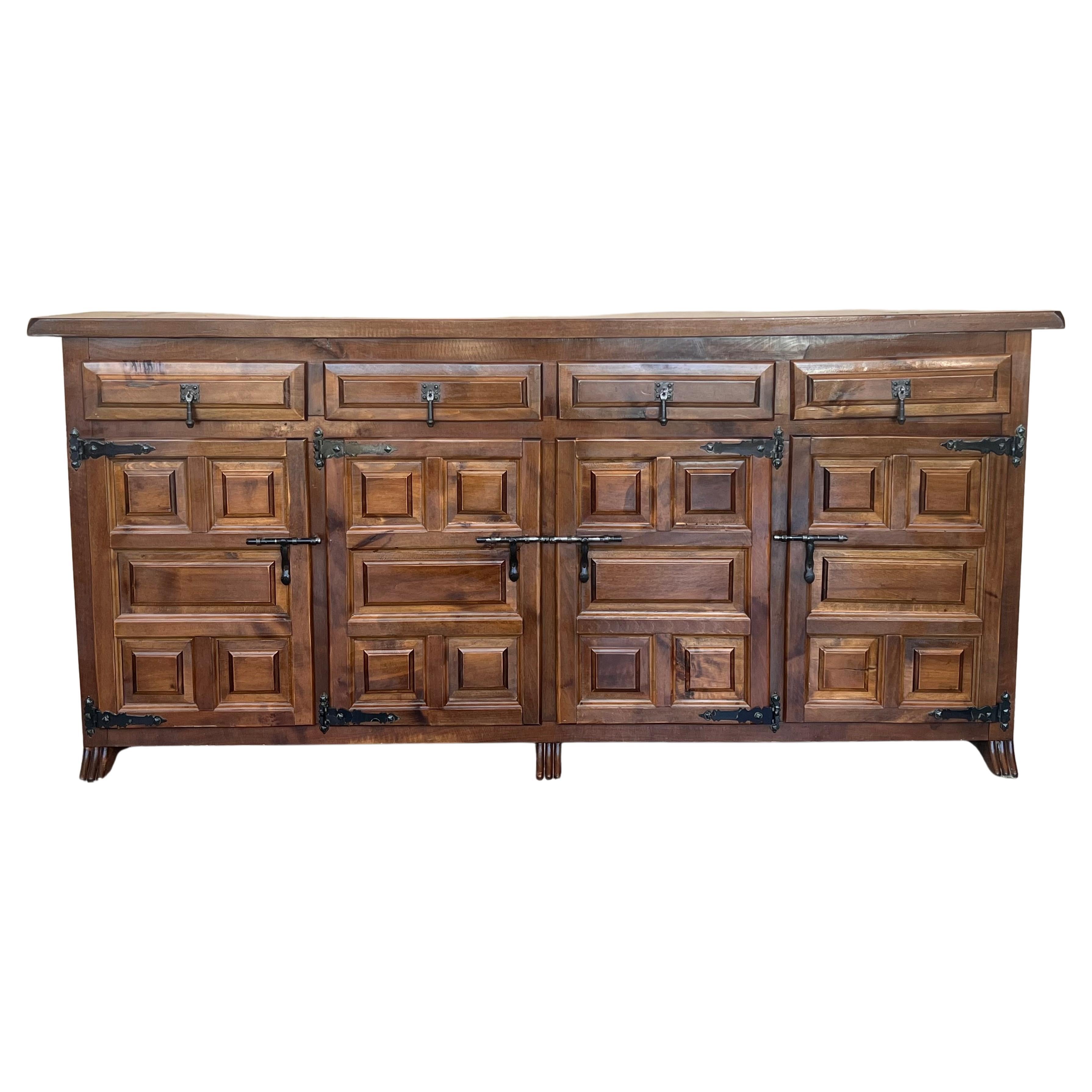 19th Century Large Catalan Spanish Baroque Carved Oak Tuscan Credenza or Buffet For Sale