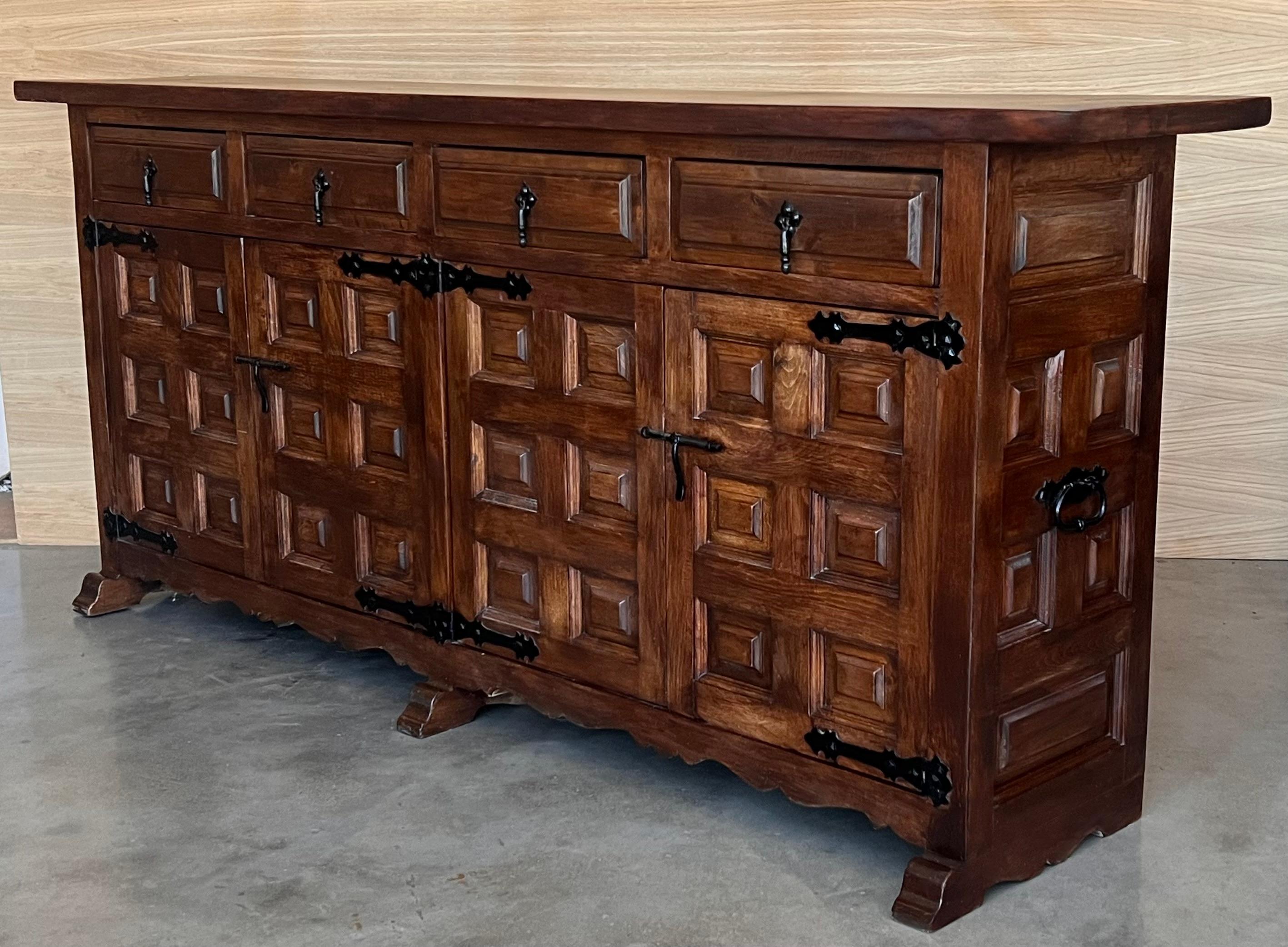 Iron 19th Century Large Catalan Spanish Baroque Walnut Tuscan Credenza or Buffet For Sale