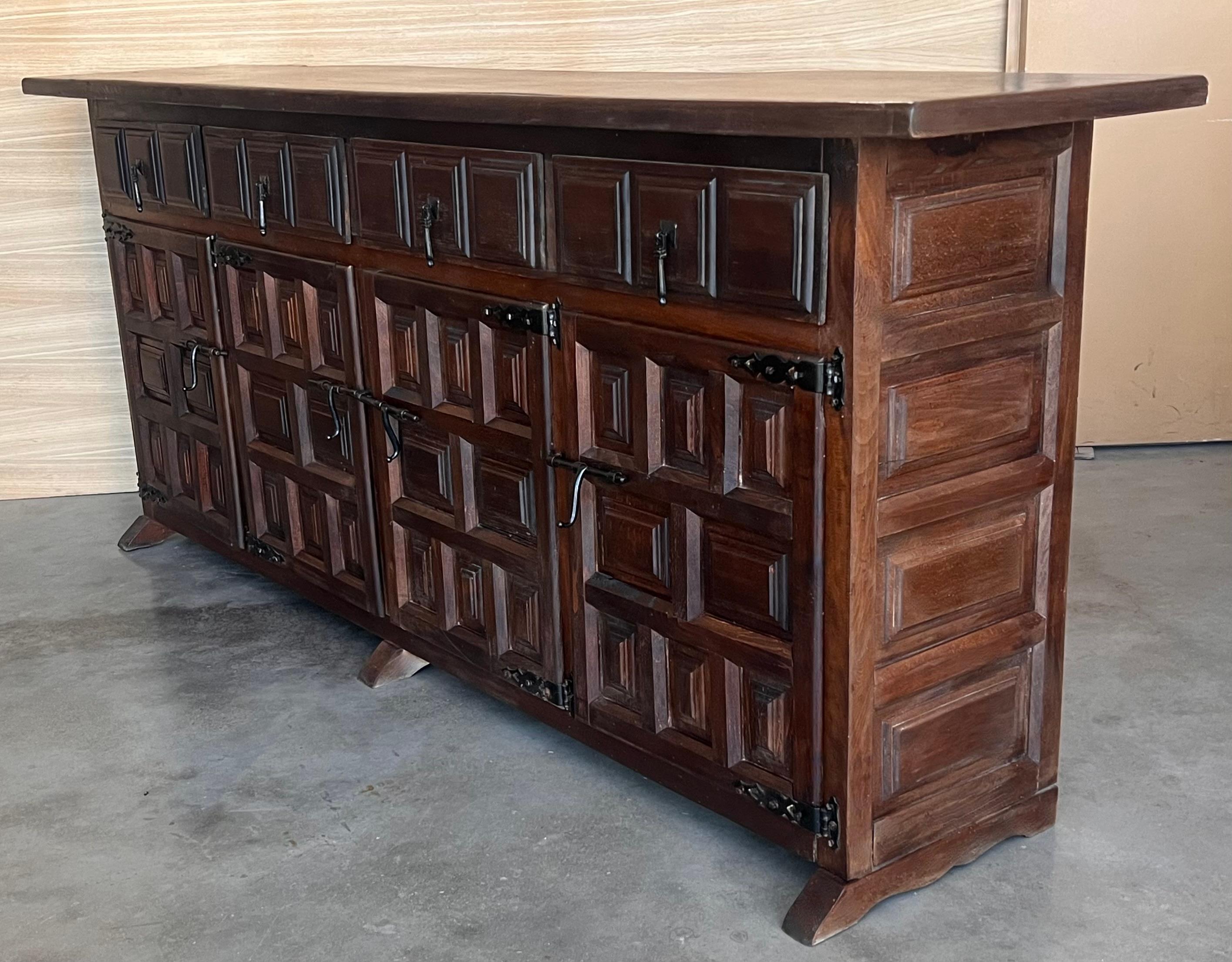 Iron 19th Century Large Catalan Spanish Baroque Walnut Tuscan Credenza or Buffet For Sale