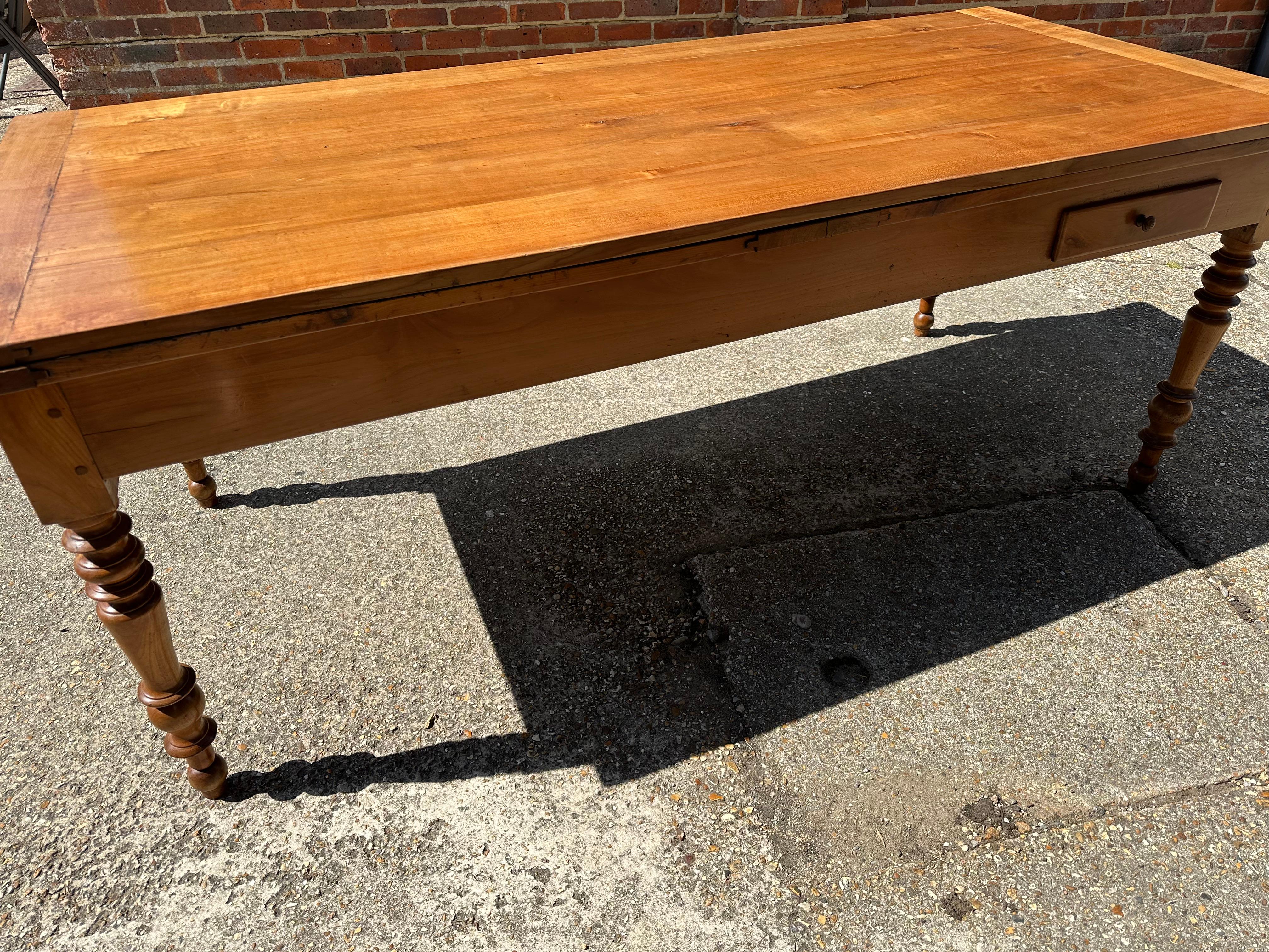 French Provincial 19th Century Large Cherry Double Extending Farmhouse Table With One Side Drawer For Sale