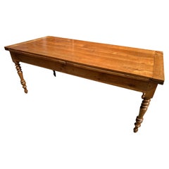 19th Century Large Cherry Double Extending Farmhouse Table With One Side Drawer