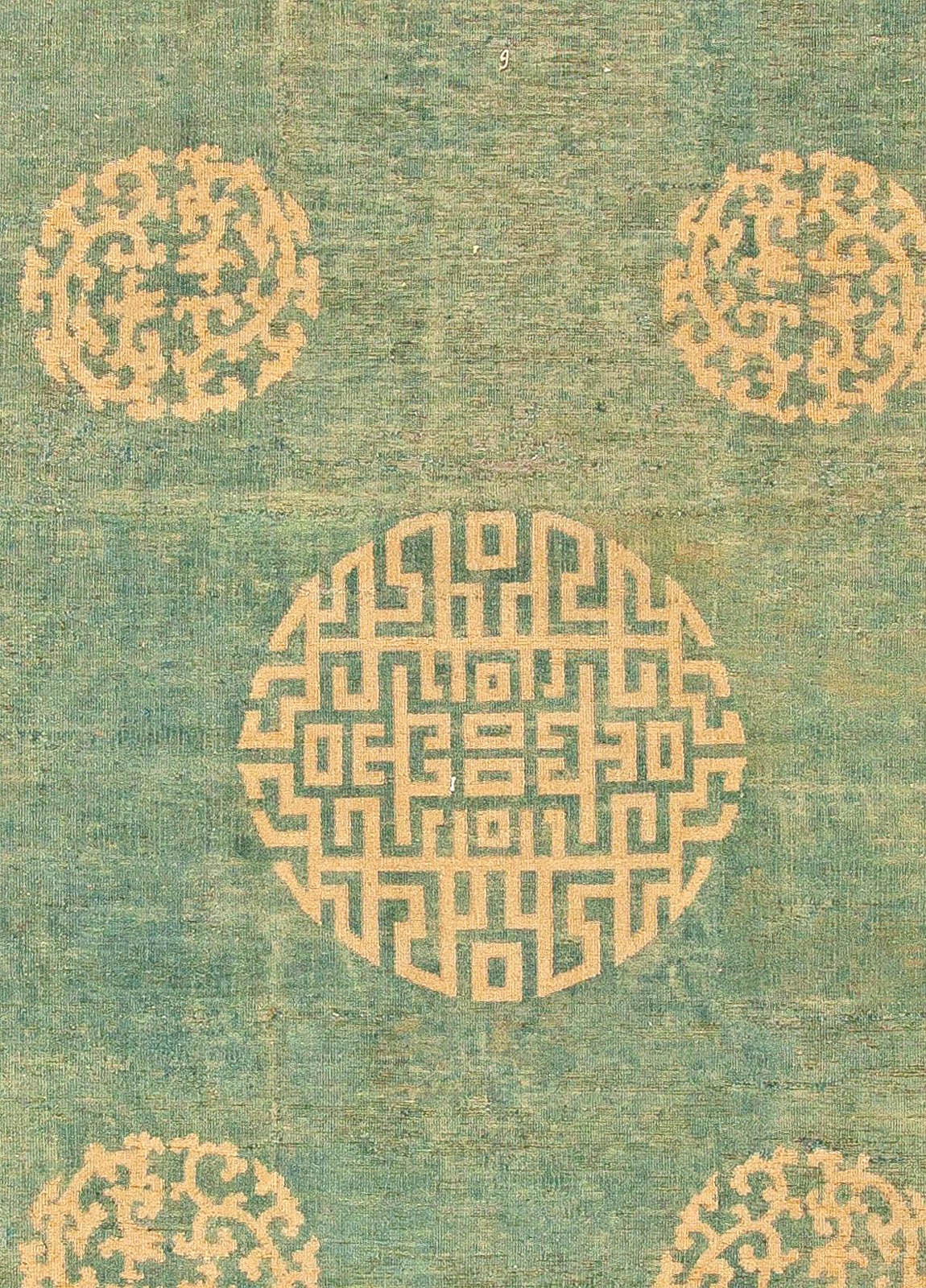 Antique Chinese Wool Rug in Celadon Green and Beige (size adjusted)
Size: 14'0