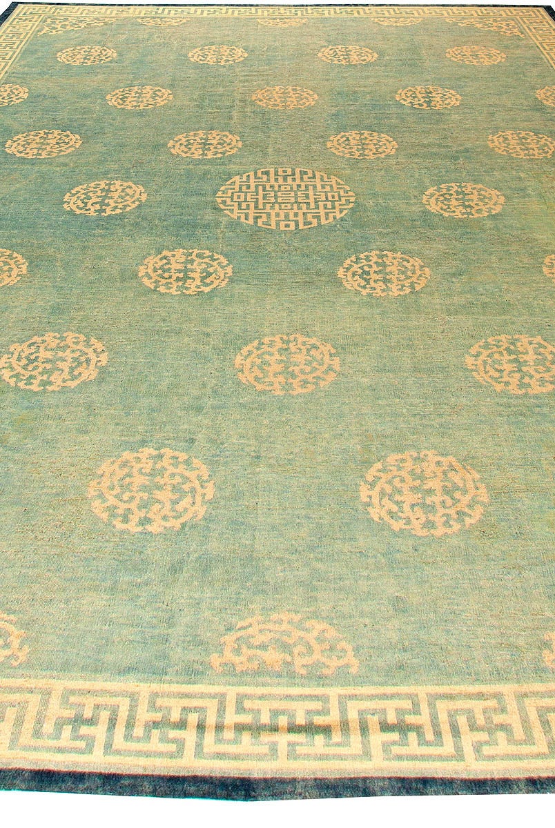 Hand-Woven 19th Century Large Chinese Green Rug size adjusted For Sale