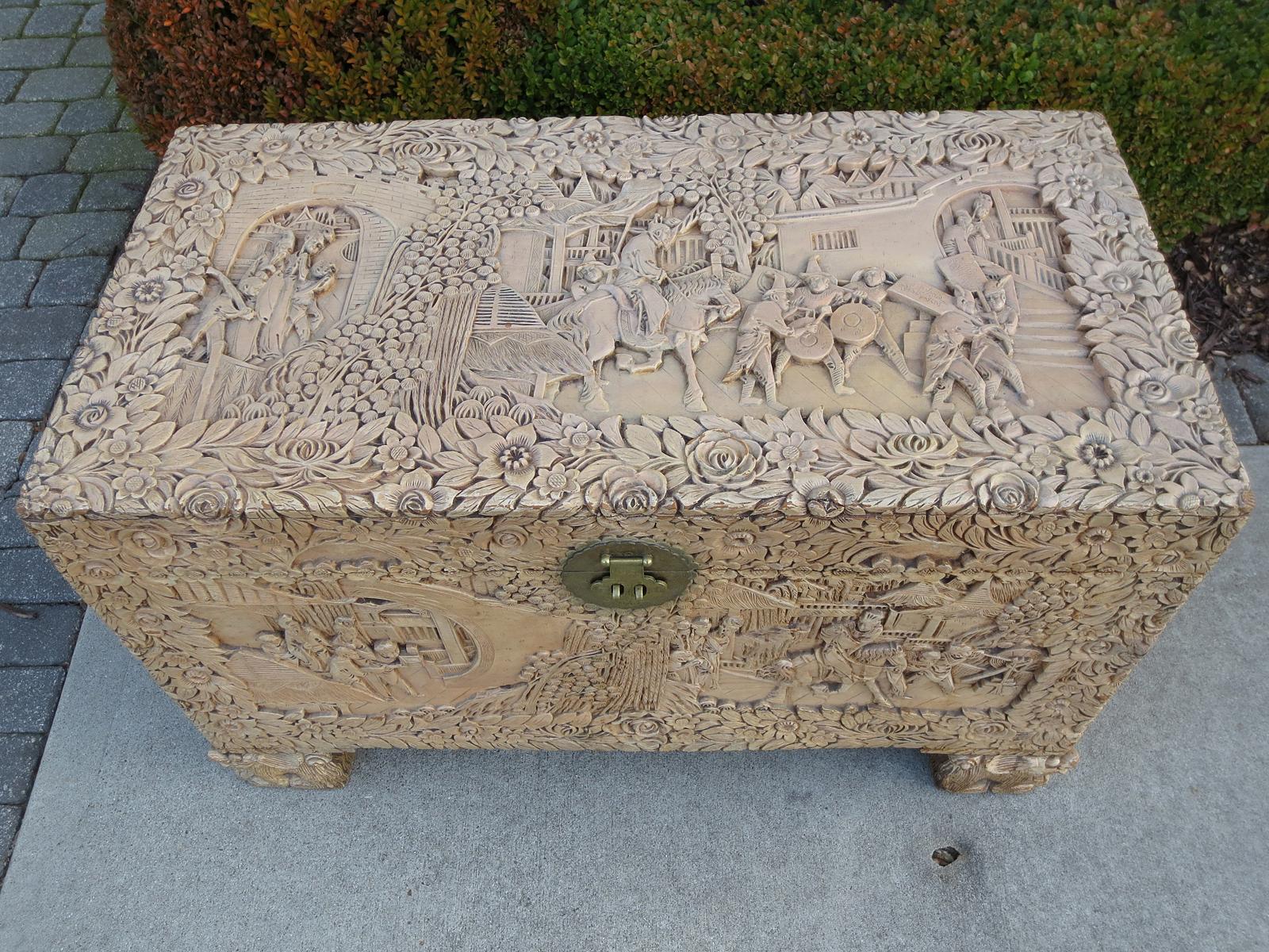 19th Century Large Chinese Carved and Painted Camphor Wood Trunk Stamped 7