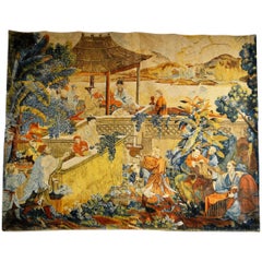 19th Century Large Chinoiserie Tapestry from France, Tones of Orange, Blue, Gold