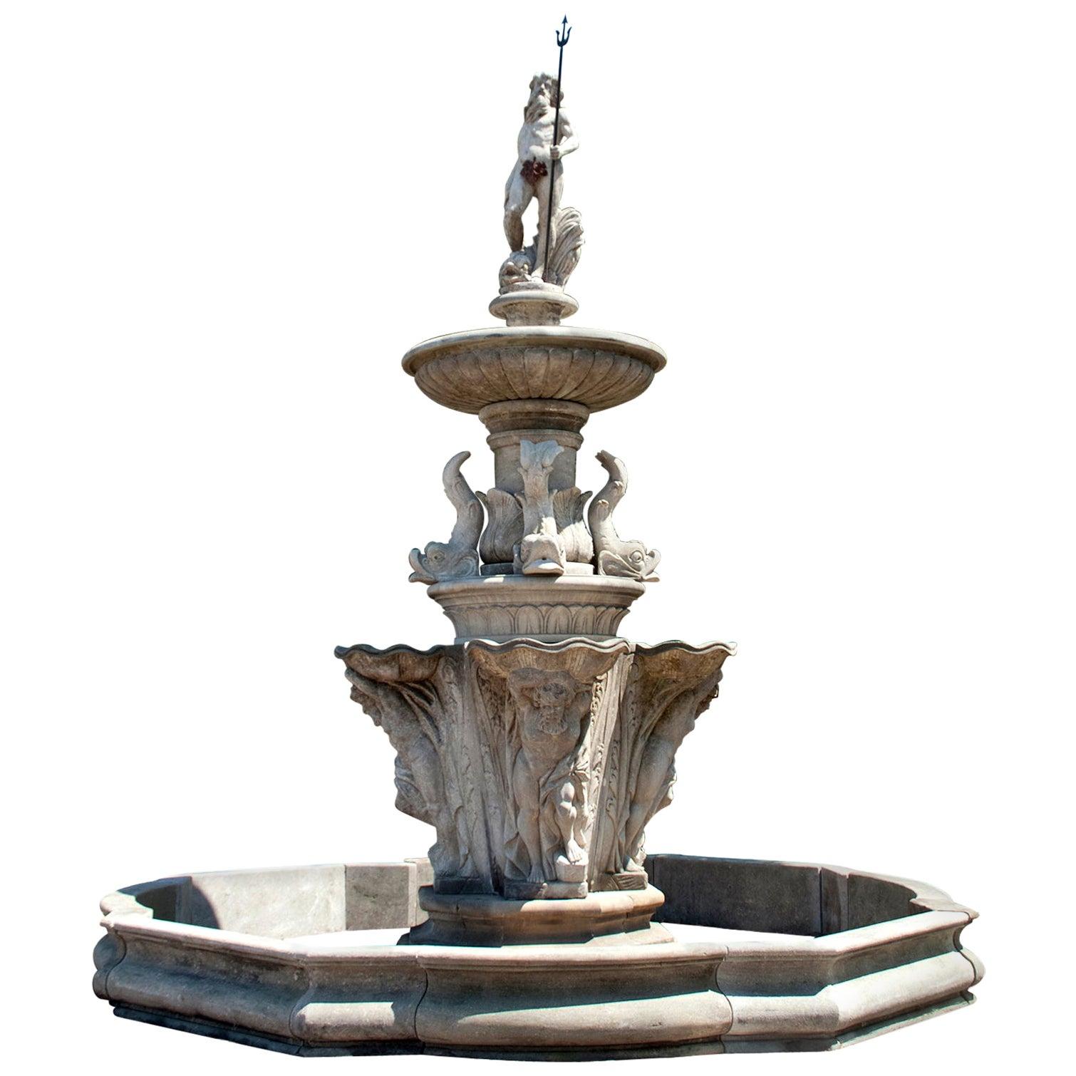 19th Century Large Circular Garden Fountain Neptune, Italian Limestone Fountain