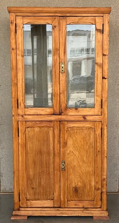 19th Century Large Cupboard or Bookcase with Glass Vitrine, Pine, Spain Restored
