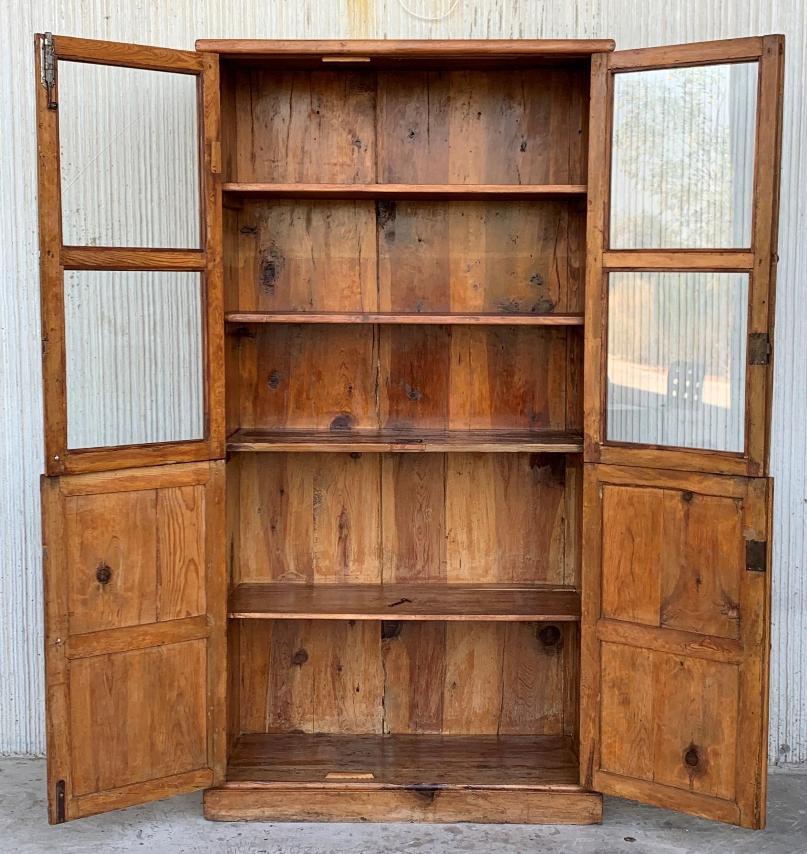 Spanish Colonial 19th Century Large Cupboard or Bookcase with Glass Vitrine, Pine, Spain Restored