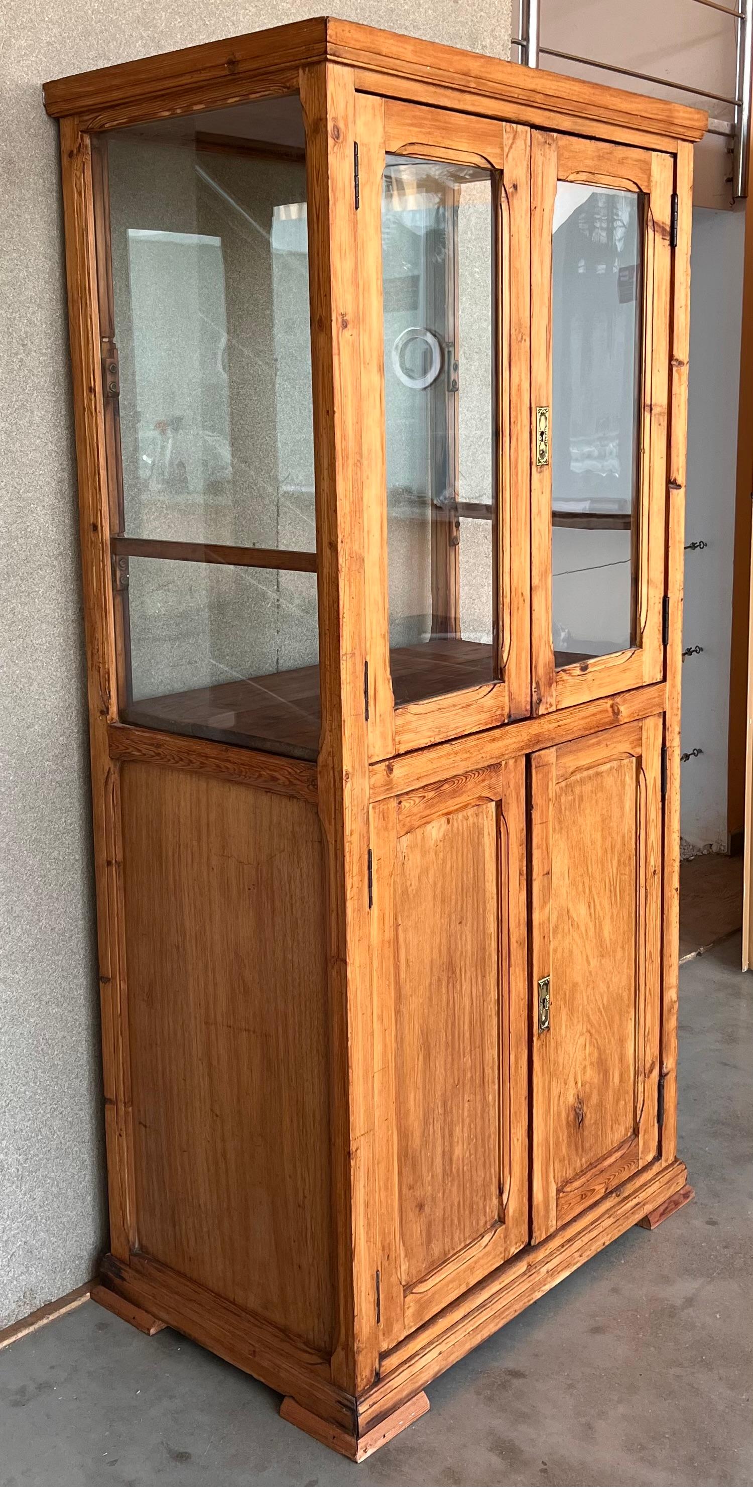 Spanish Colonial 19th Century Large Cupboard or Bookcase with Glass Vitrine, Pine, Spain Restored For Sale