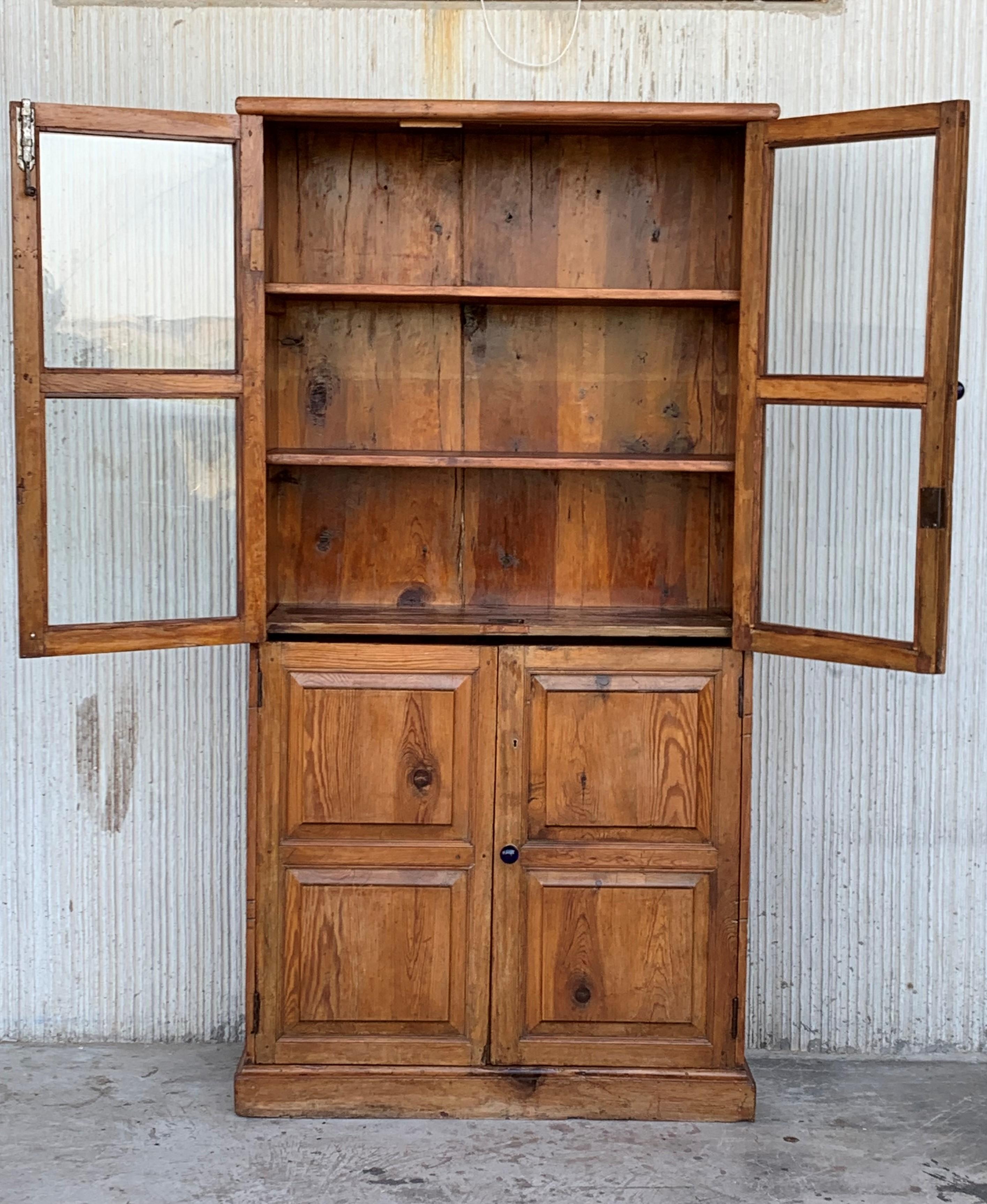 Spanish 19th Century Large Cupboard or Bookcase with Glass Vitrine, Pine, Spain Restored