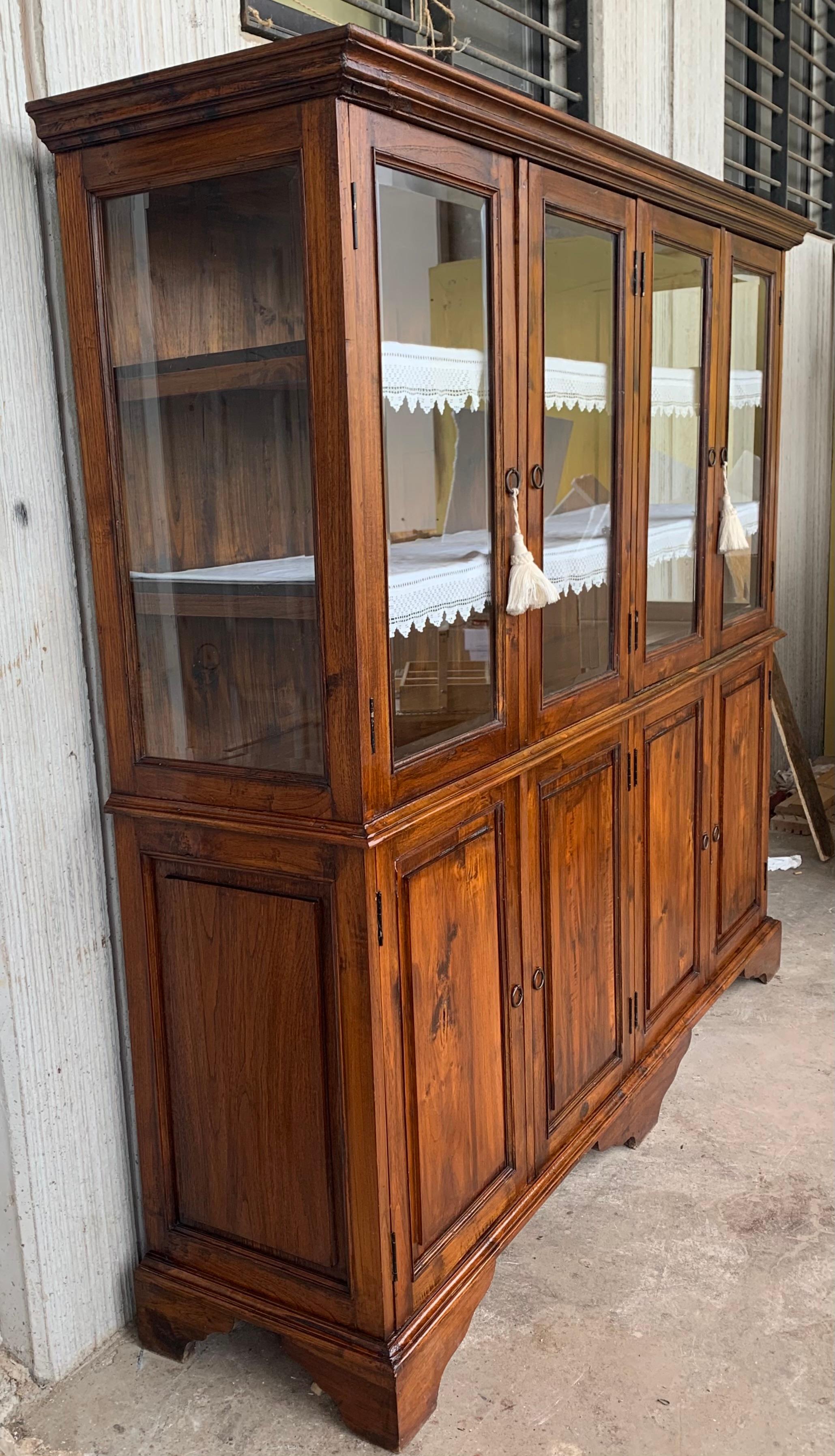 Spanish 19th Century Large Cupboard or Bookcase with Glass Vitrine, Pine, Spain Restored For Sale