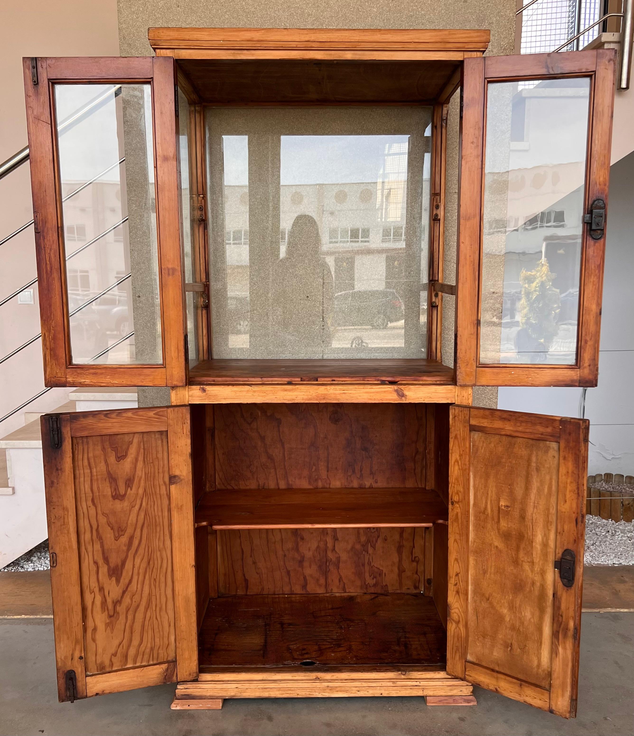 Spanish 19th Century Large Cupboard or Bookcase with Glass Vitrine, Pine, Spain Restored For Sale