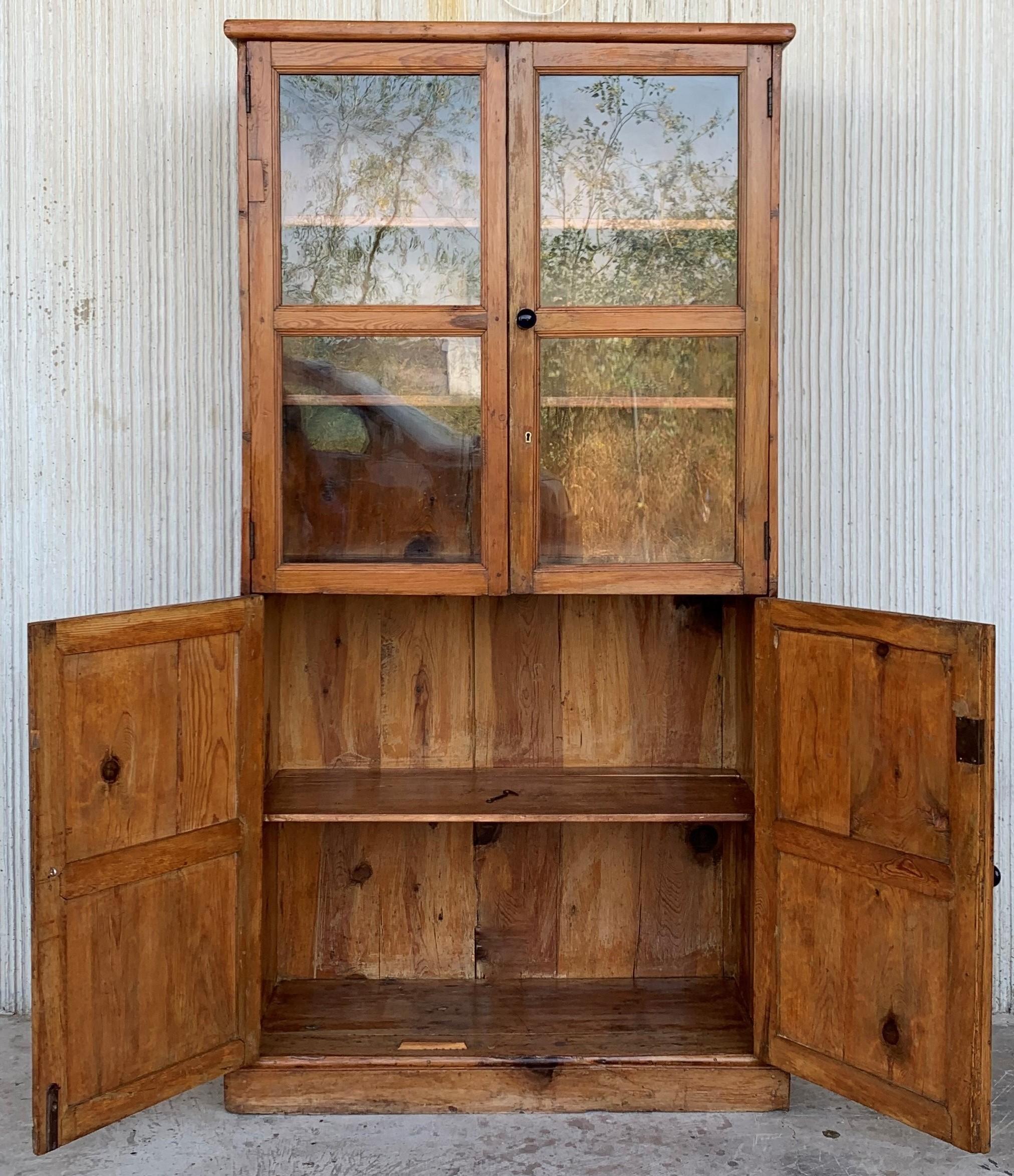 19th Century Large Cupboard or Bookcase with Glass Vitrine, Pine, Spain Restored In Good Condition In Miami, FL