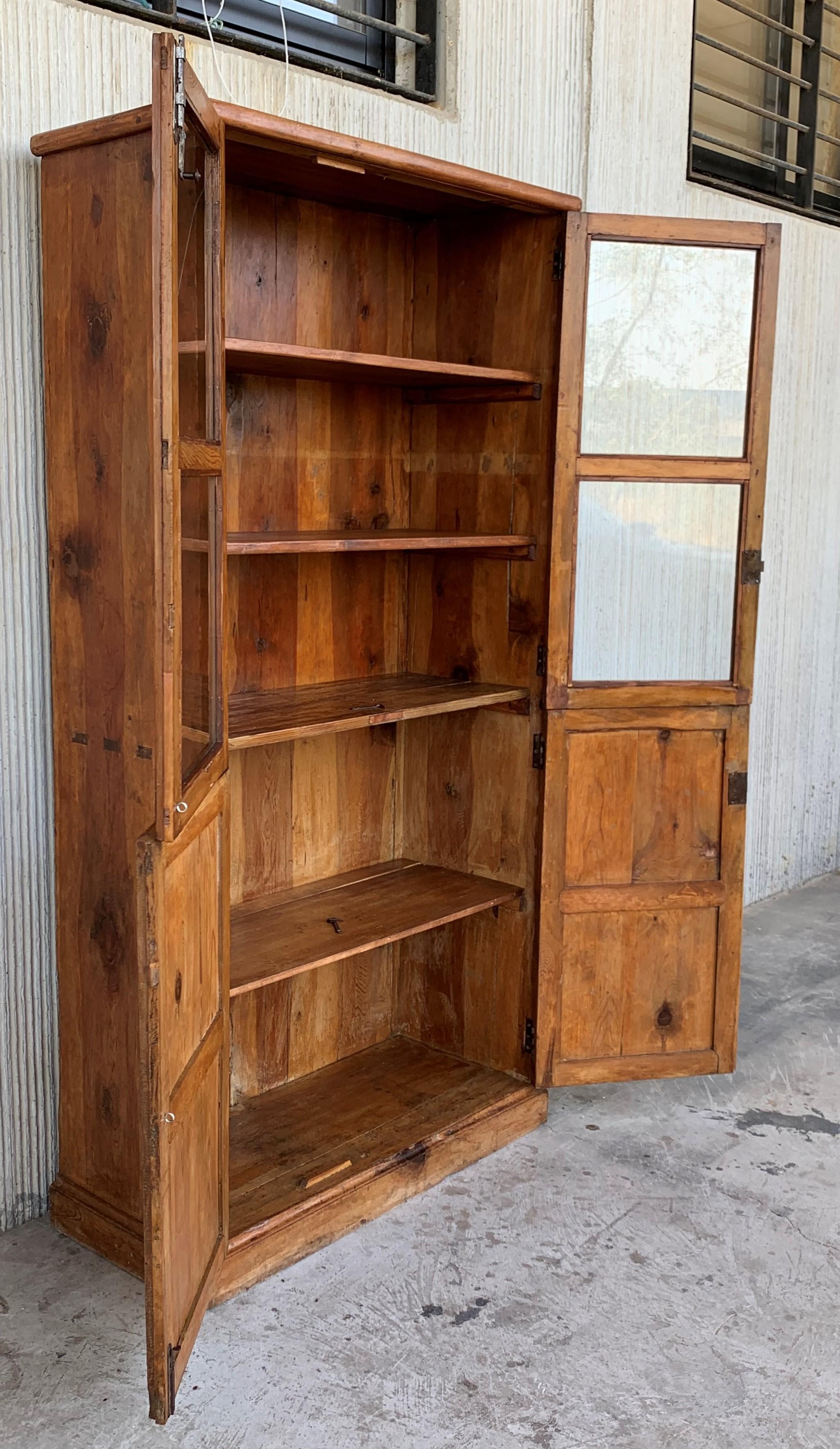 Walnut 19th Century Large Cupboard or Bookcase with Glass Vitrine, Pine, Spain Restored
