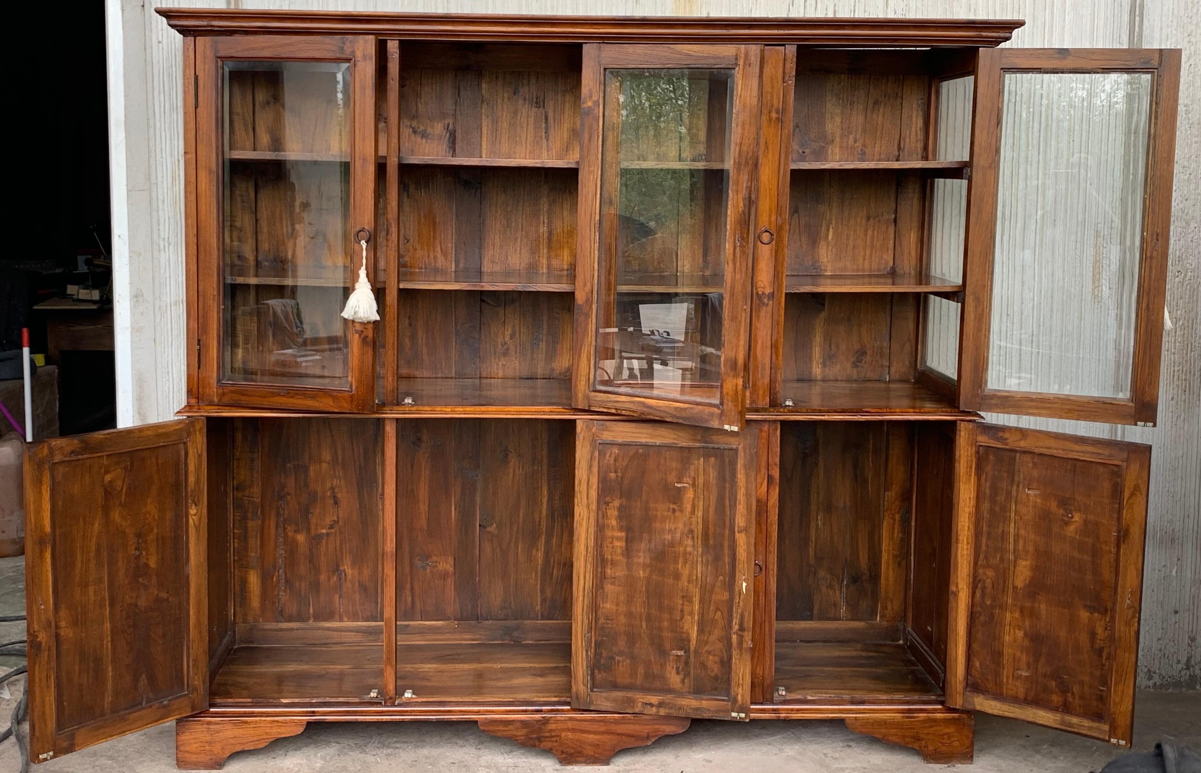 Walnut 19th Century Large Cupboard or Bookcase with Glass Vitrine, Pine, Spain Restored For Sale