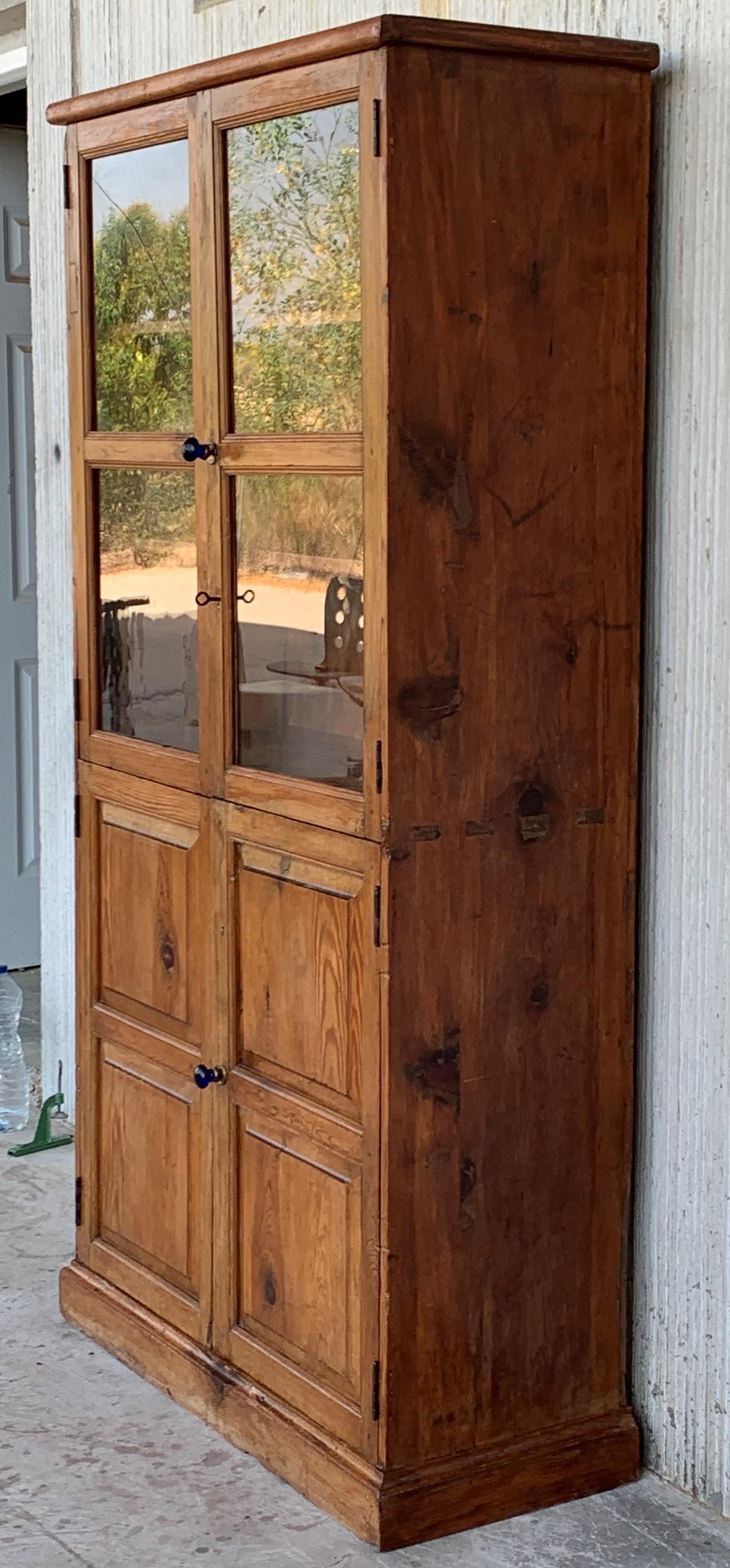 19th Century Large Cupboard or Bookcase with Glass Vitrine, Pine, Spain Restored 1