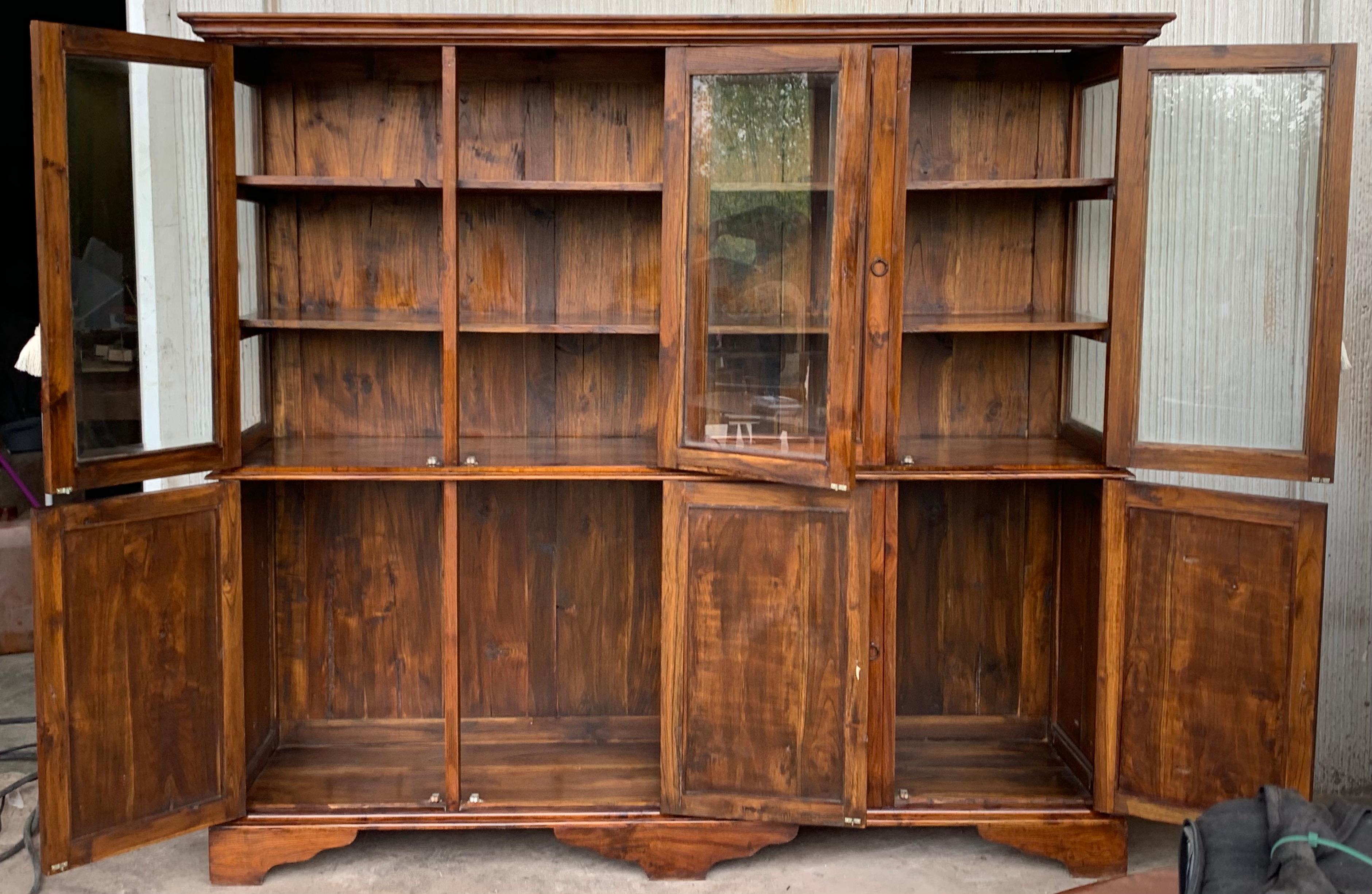 19th Century Large Cupboard or Bookcase with Glass Vitrine, Pine, Spain Restored For Sale 1