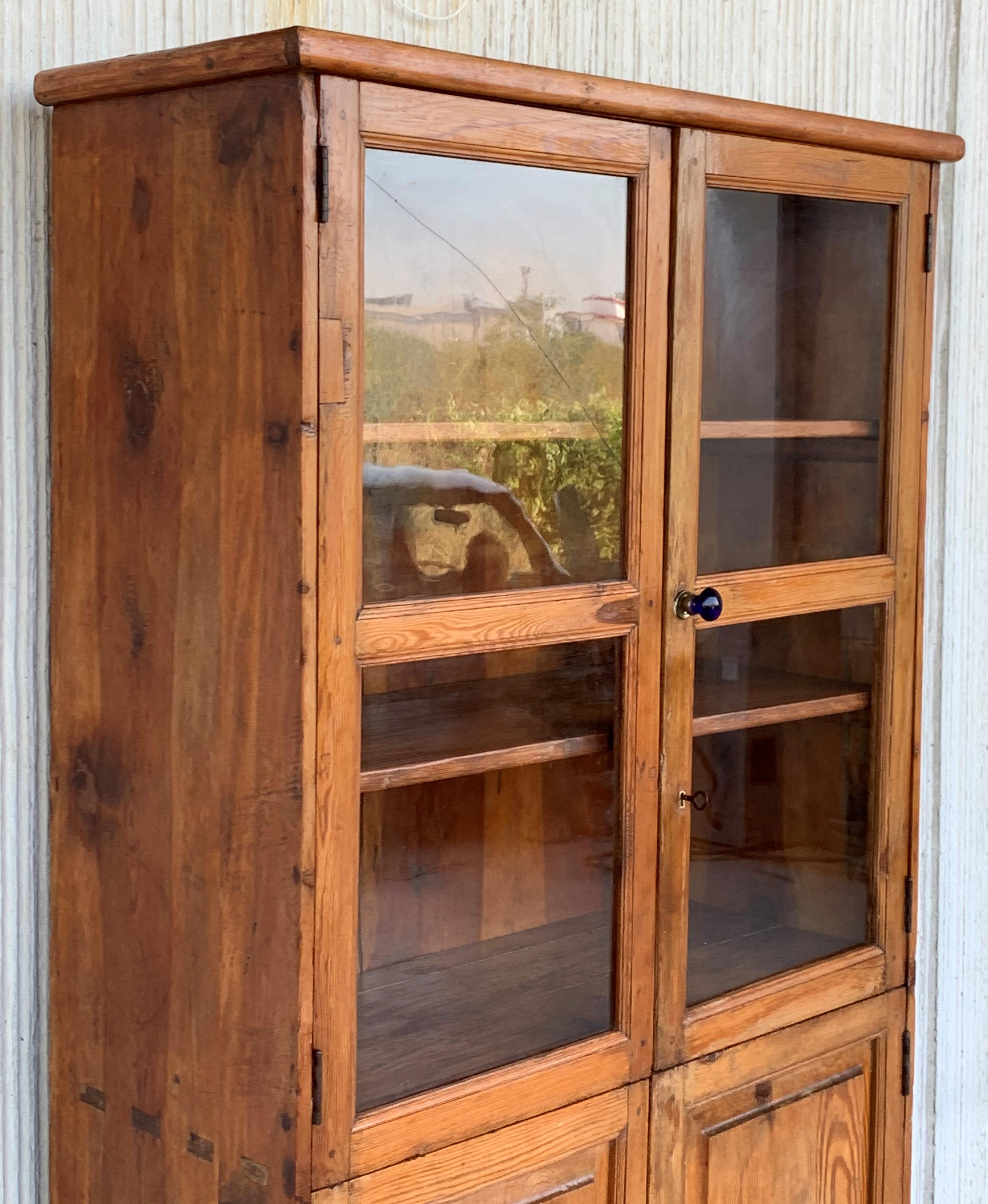 19th Century Large Cupboard or Bookcase with Glass Vitrine, Pine, Spain Restored 2